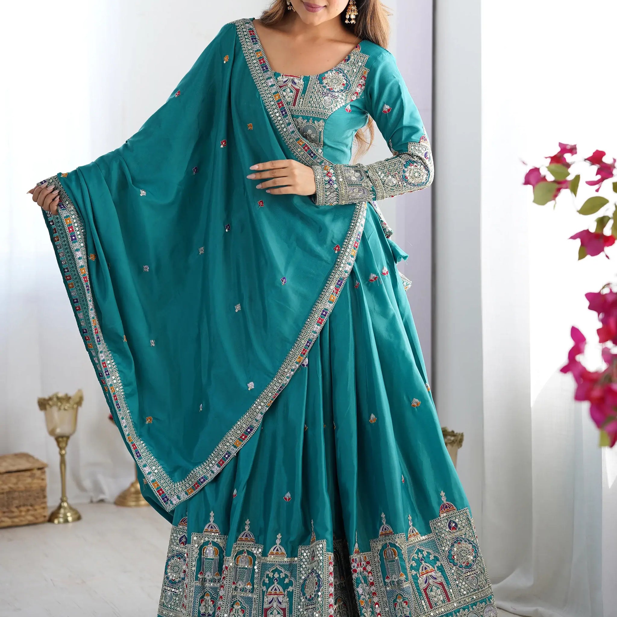 Enchanting Teal Green Thread Work Silk Wedding Lehenga Choli - Zeel Clothing