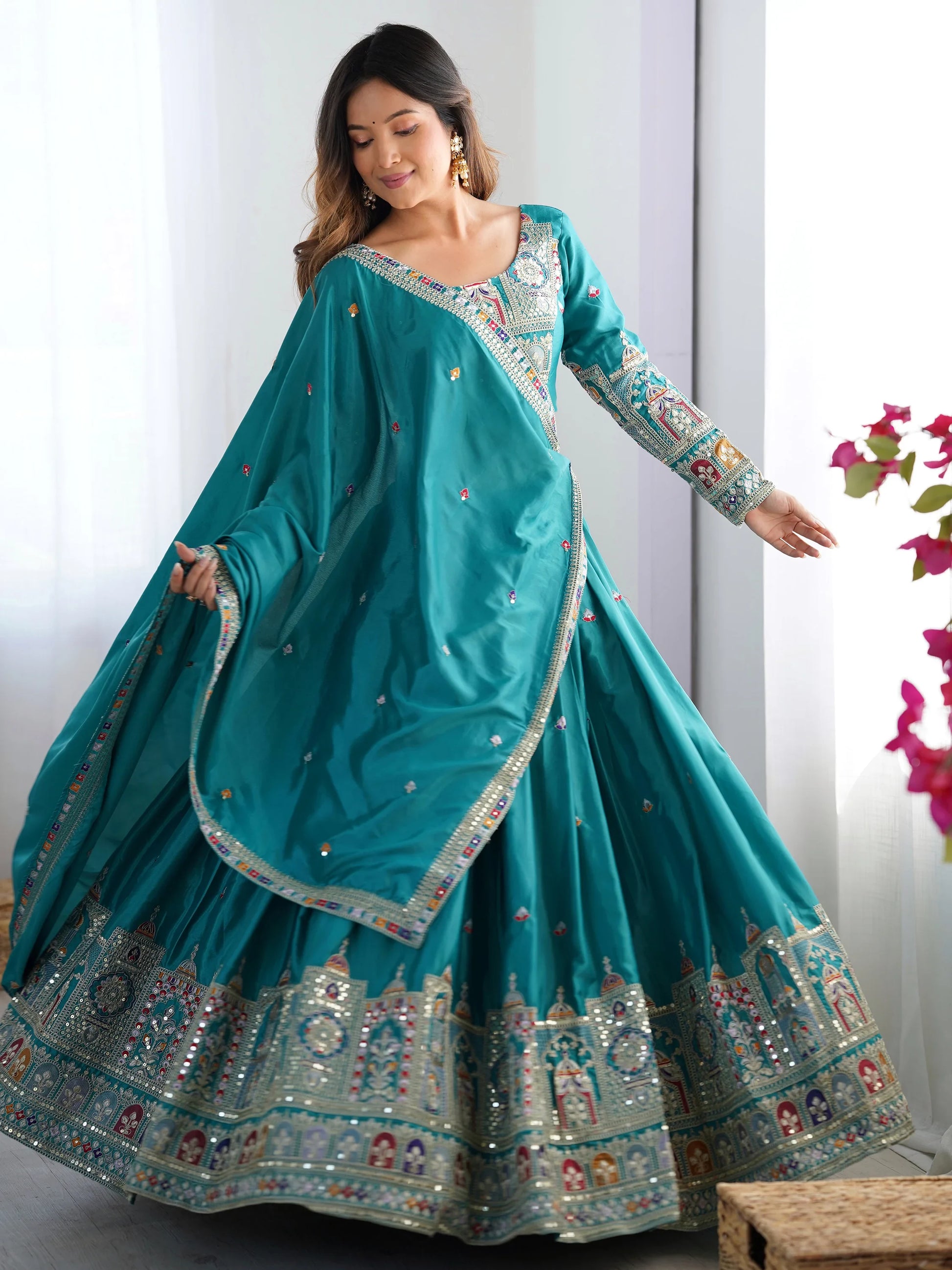 Enchanting Teal Green Thread Work Silk Wedding Lehenga Choli - Zeel Clothing