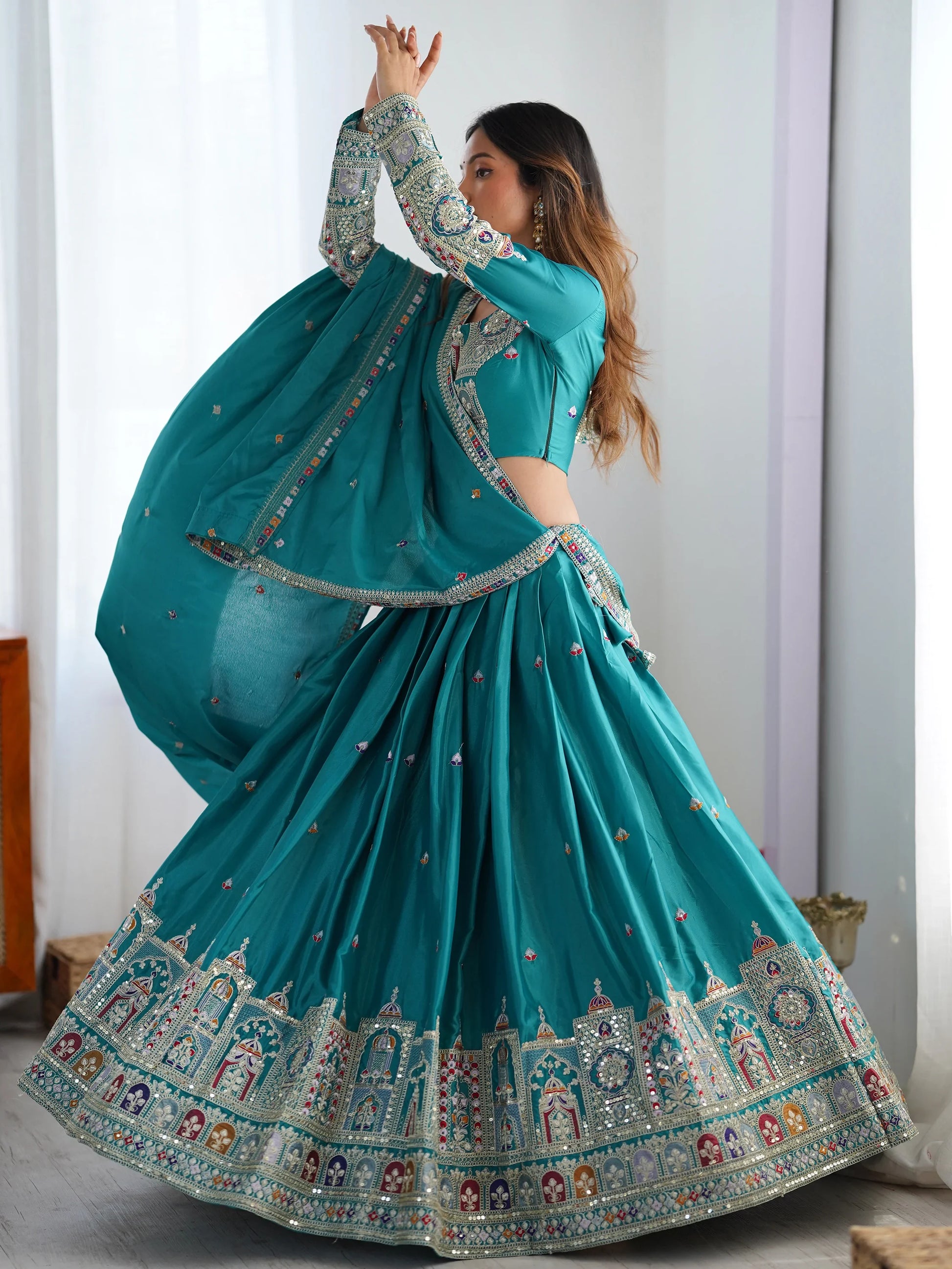 Enchanting Teal Green Thread Work Silk Wedding Lehenga Choli - Zeel Clothing