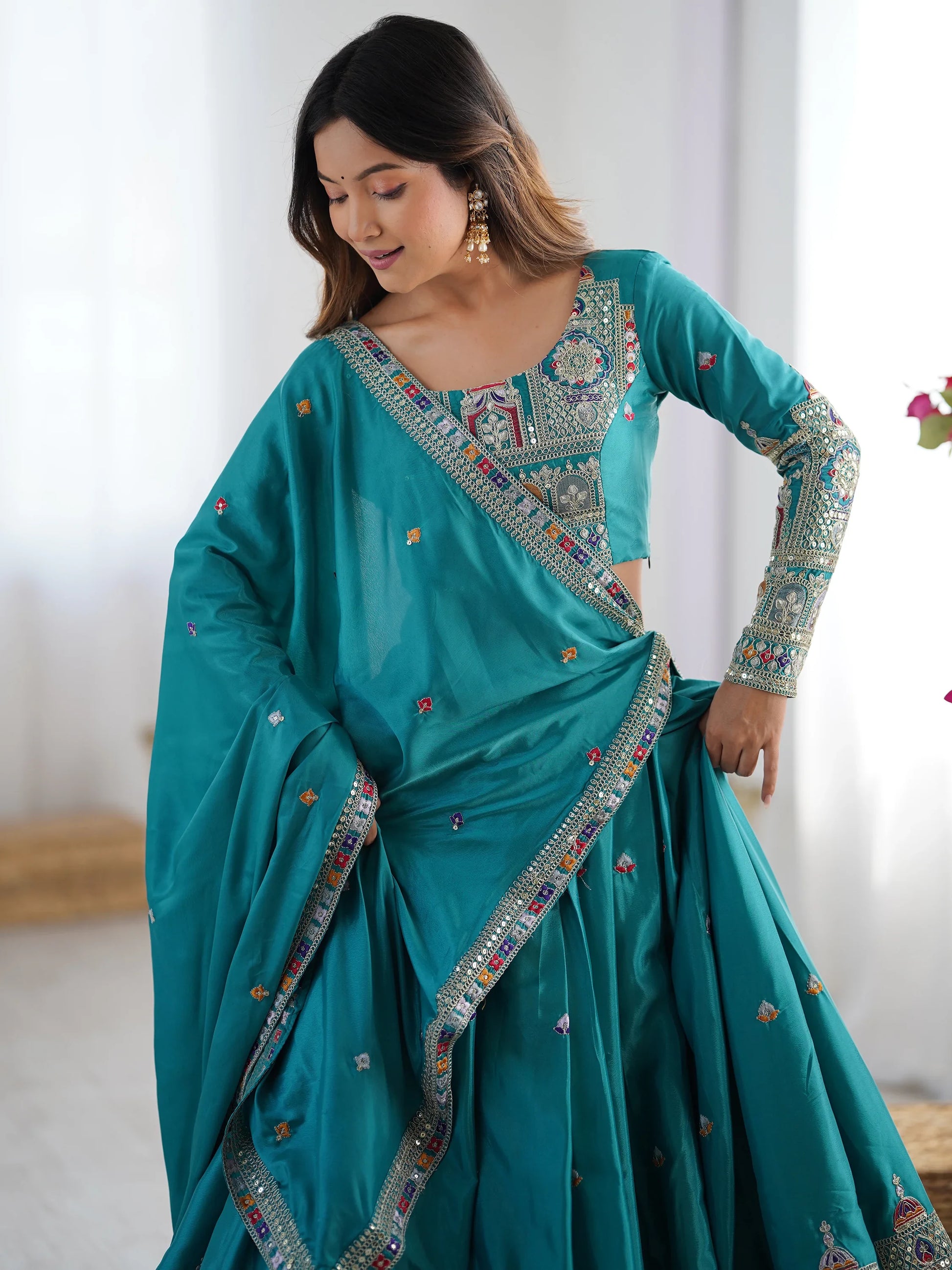 Enchanting Teal Green Thread Work Silk Wedding Lehenga Choli - Zeel Clothing