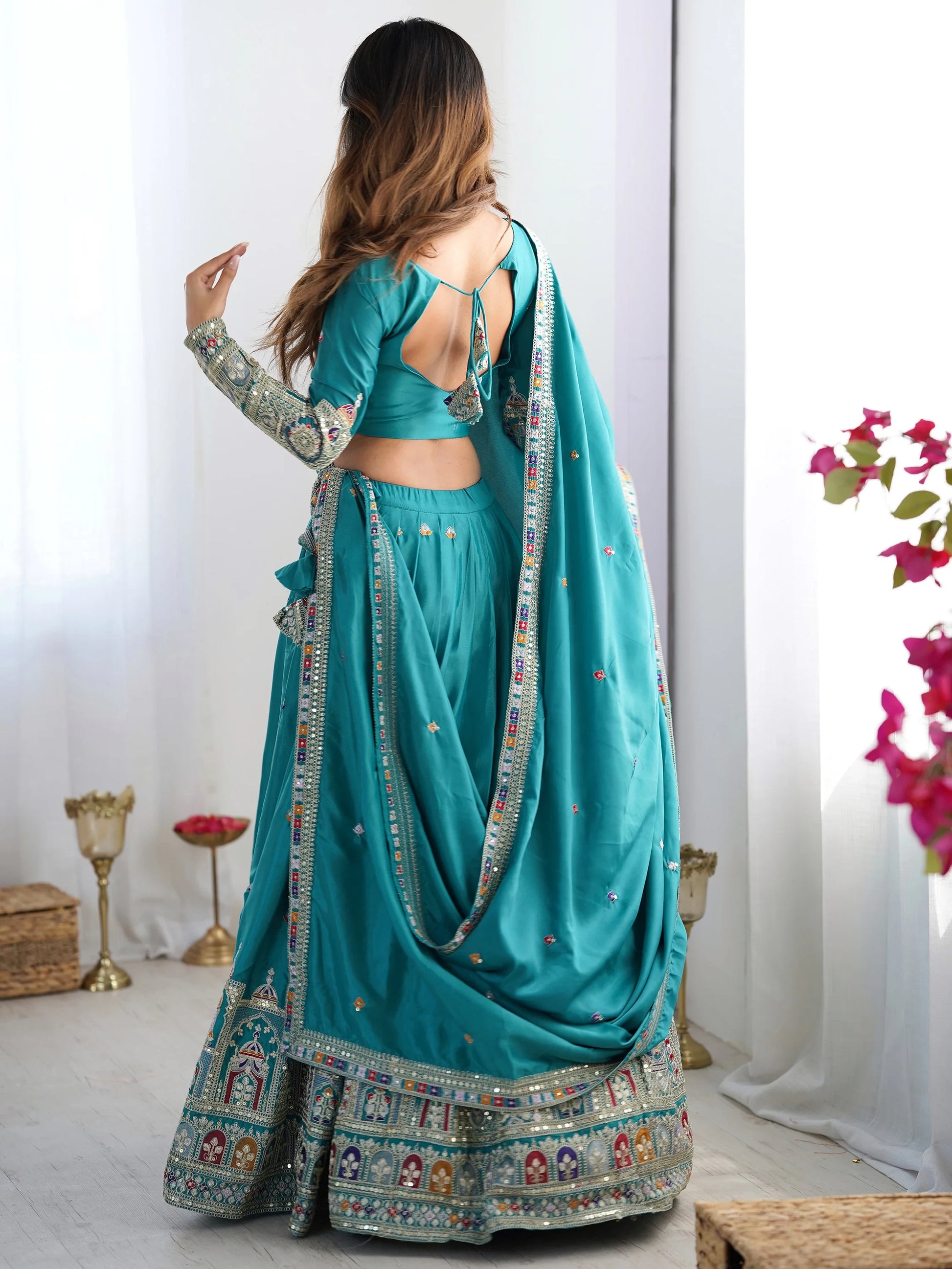 Enchanting Teal Green Thread Work Silk Wedding Lehenga Choli - Zeel Clothing