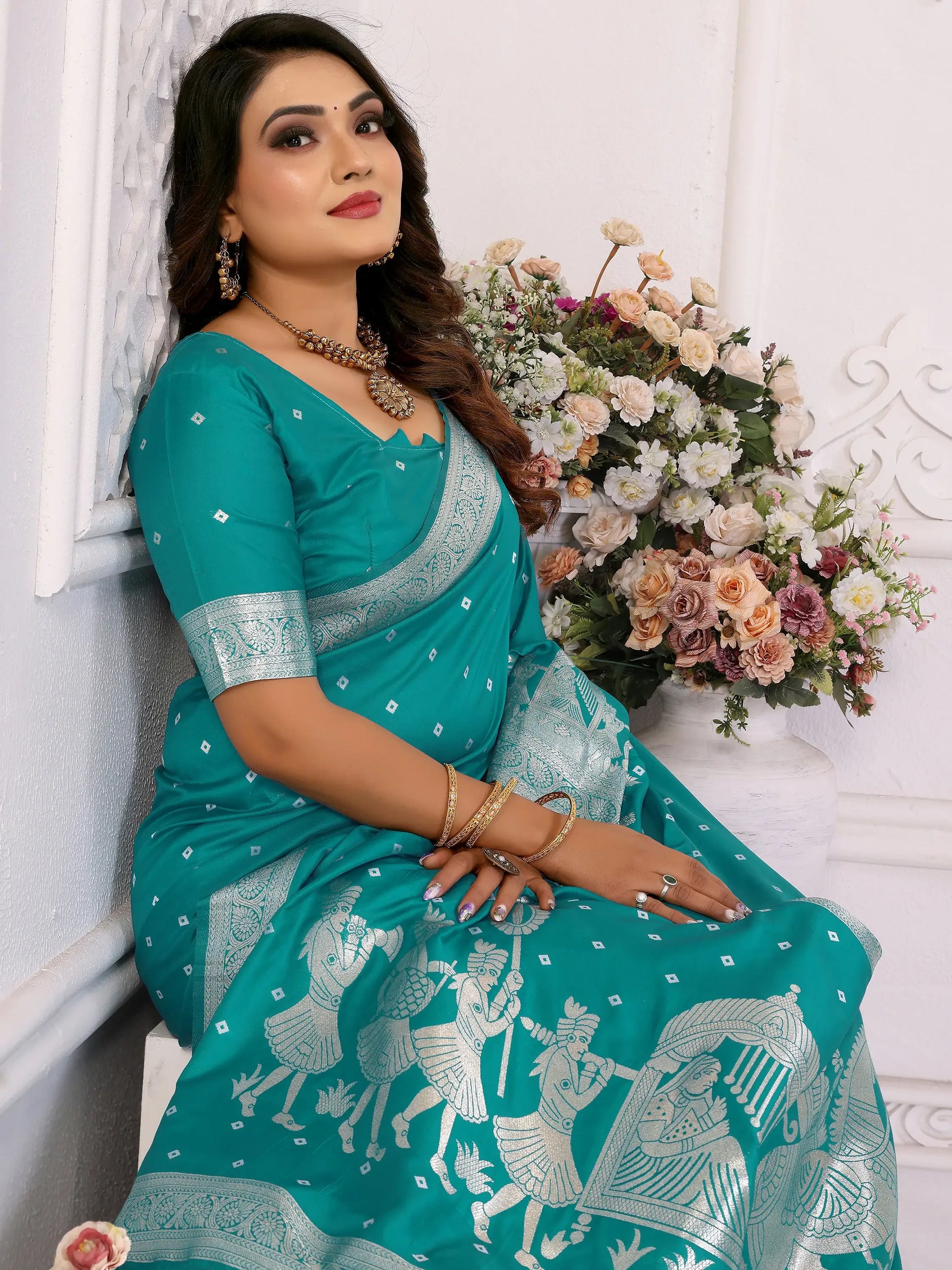 Enchanting Teal Green Zari Weaving Kochi Silk Festive Wear Saree With Blouse - Zeel Clothing