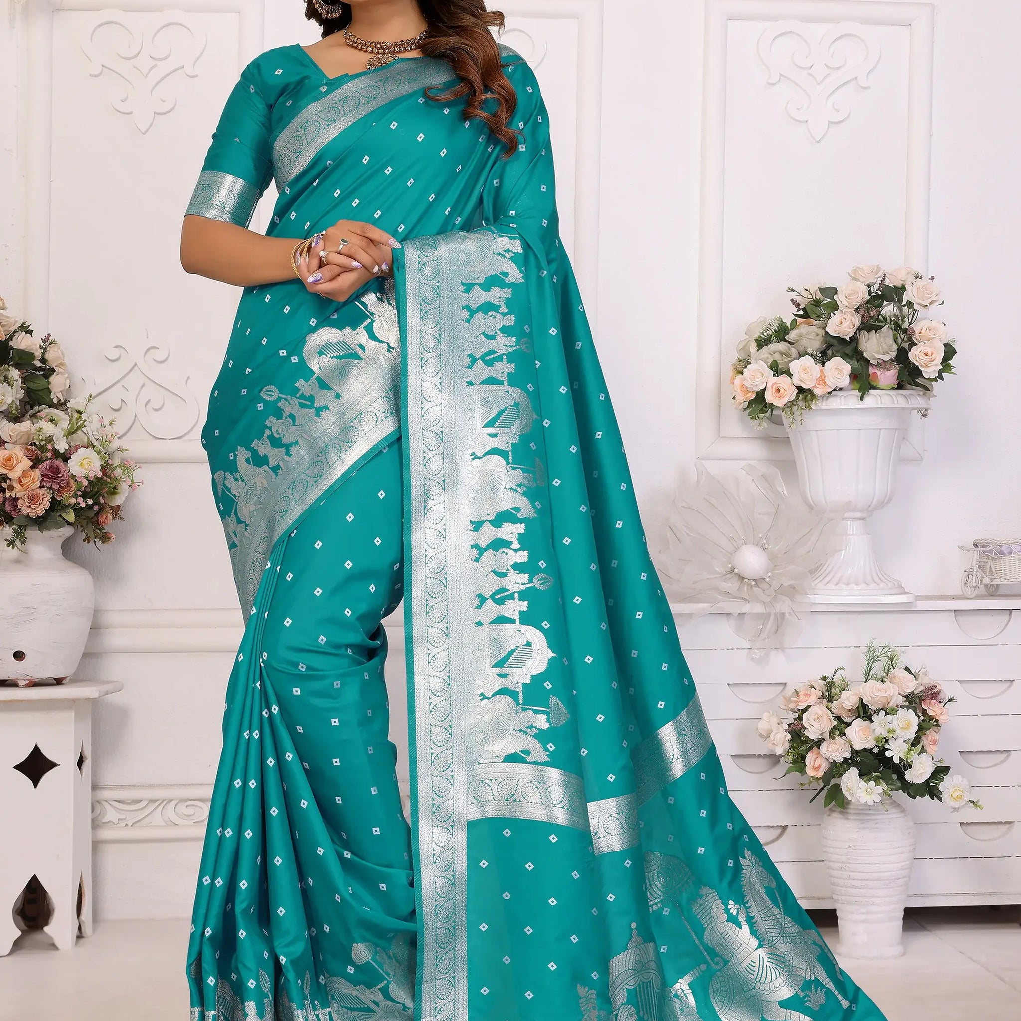 Enchanting Teal Green Zari Weaving Kochi Silk Festive Wear Saree With Blouse - Zeel Clothing
