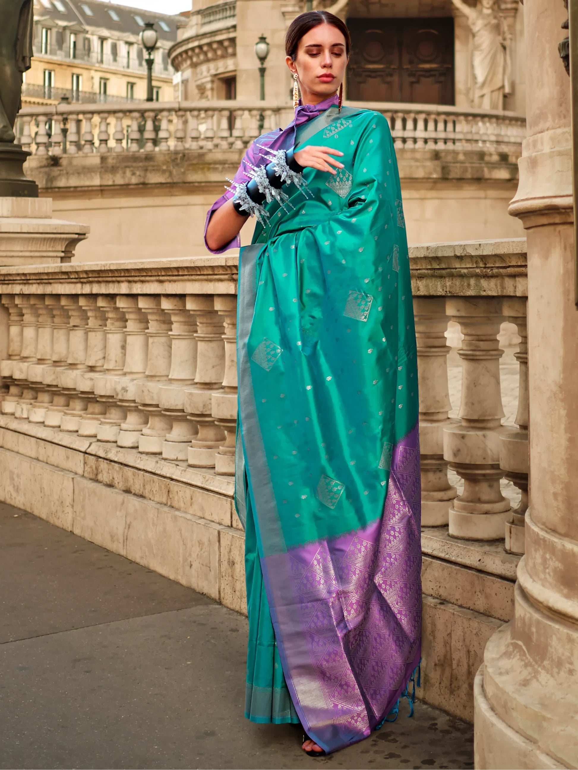 Enchanting Turquoise Silk Zari Weaving Wedding Wear Saree With Blouse - Zeel Clothing