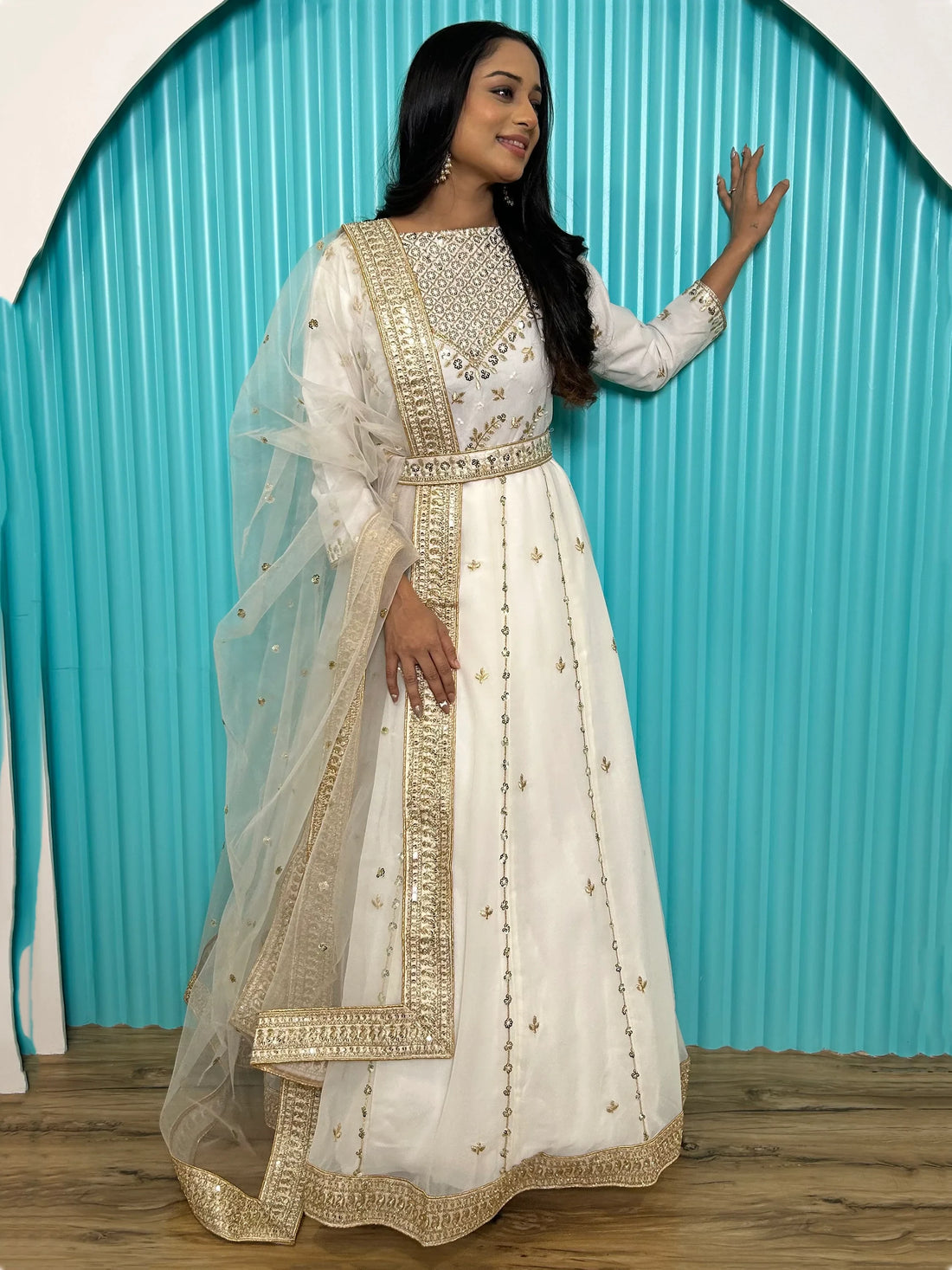 Enchanting White Dori Work Georgette Reception Wear Gown - Zeel Clothing