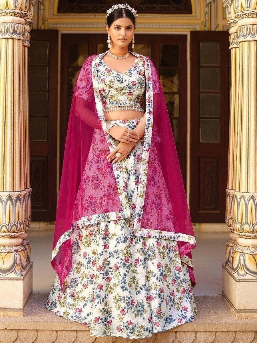 Enchanting White Floral Printed Silk Traditional Lehenga Choli