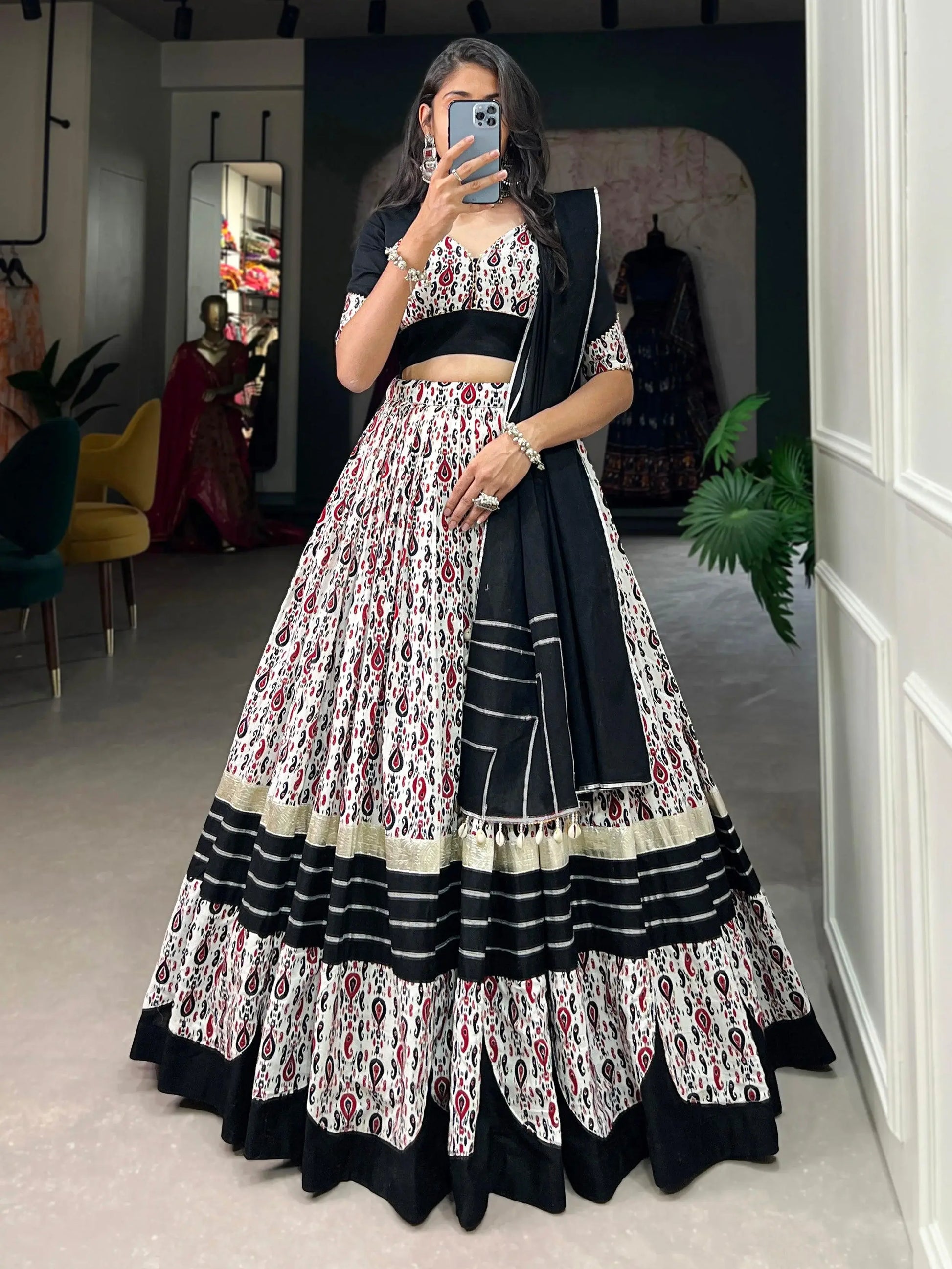 Enchanting White Printed Cotton Navratri Wear Lehenga Choli - Zeel Clothing