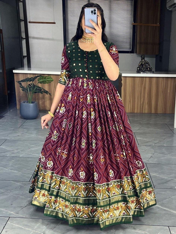 Enchanting Wine Bandhani Printed Silk Festive Wear Gown