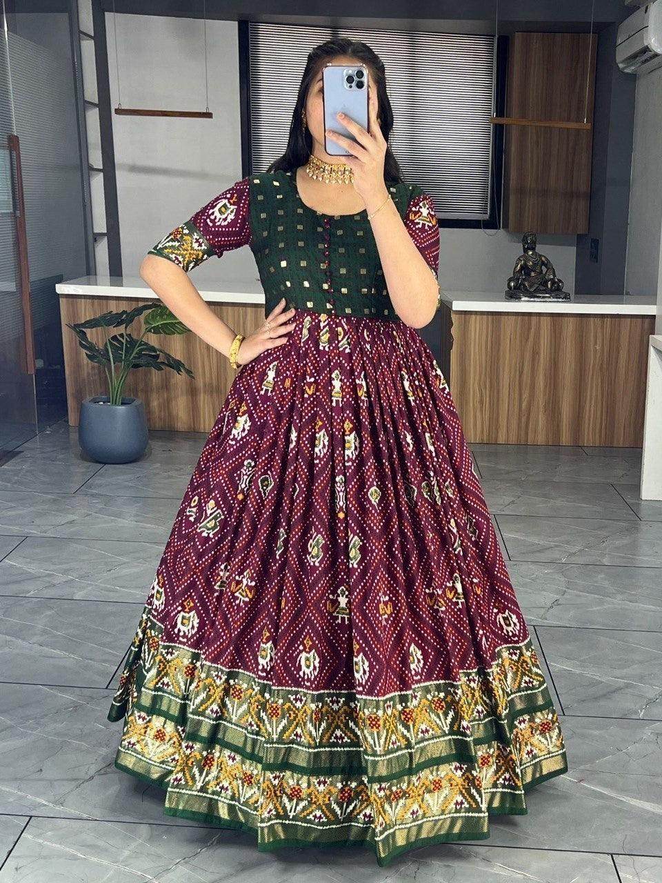 Enchanting Wine Bandhani Printed Silk Festive Wear Gown - Zeel Clothing