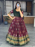 Enchanting Wine Bandhani Printed Silk Festive Wear Gown - Zeel Clothing