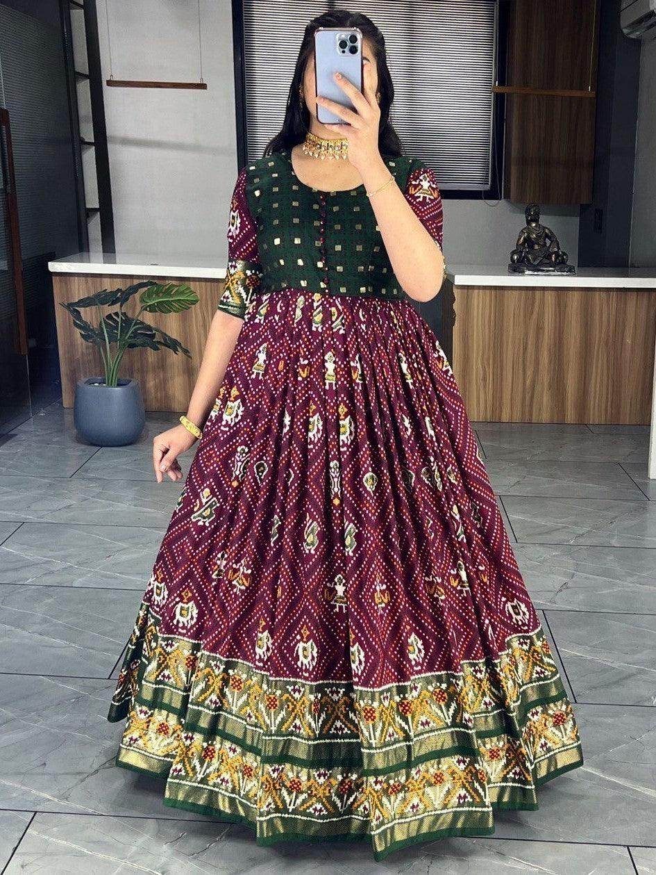 Enchanting Wine Bandhani Printed Silk Festive Wear Gown - Zeel Clothing