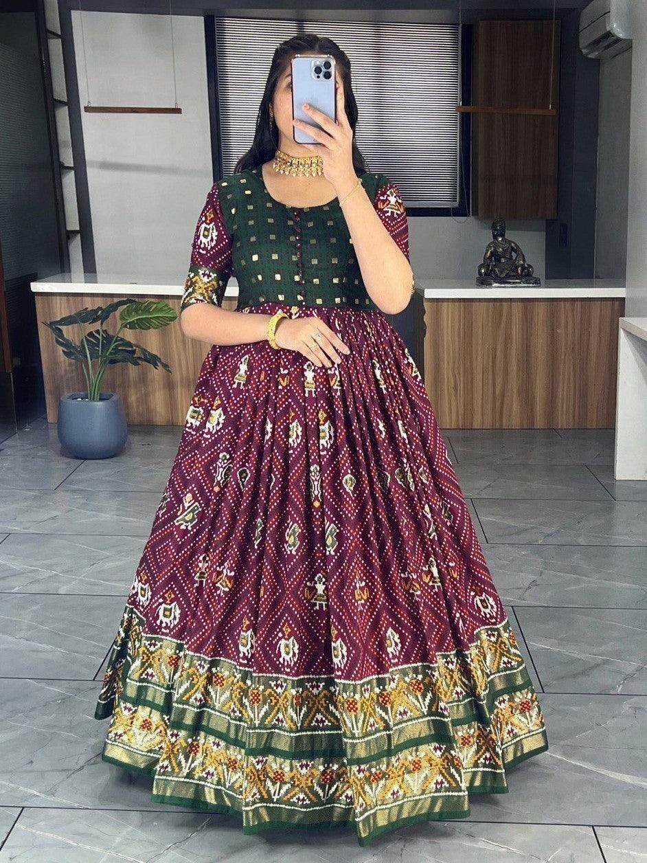 Enchanting Wine Bandhani Printed Silk Festive Wear Gown - Zeel Clothing