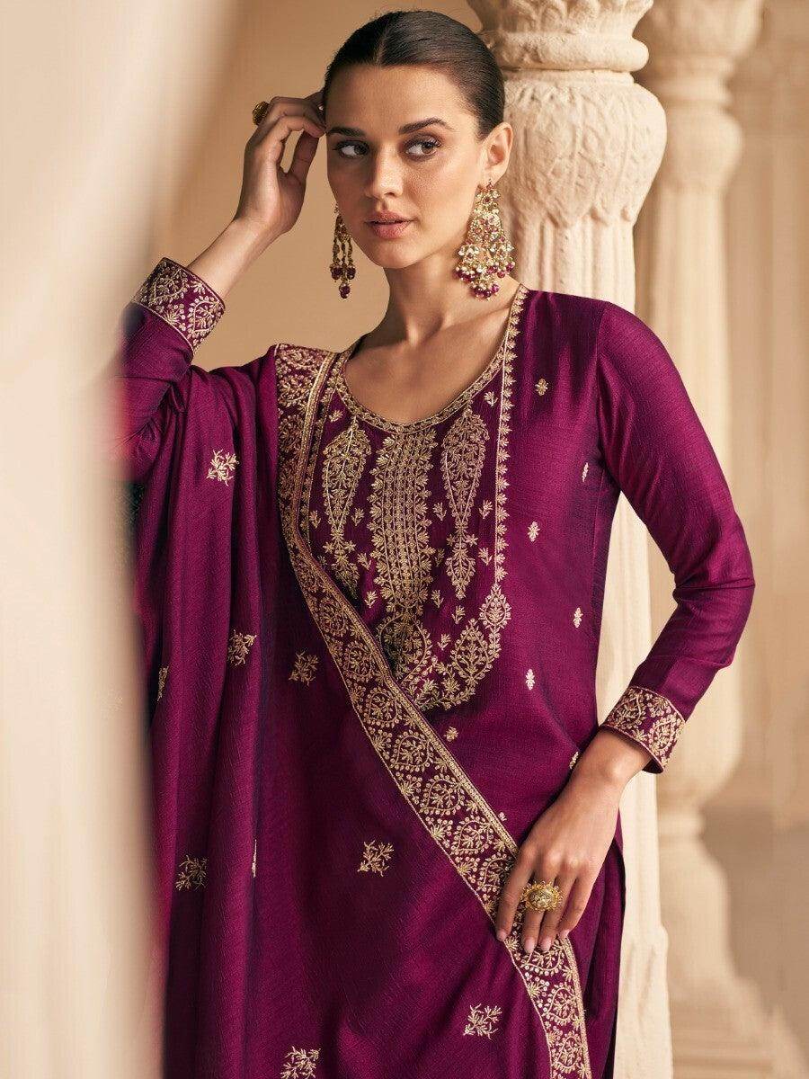 Enchanting Wine Embroidered Silk Festival Wear Suit Pant With Dupatta - Zeel Clothing