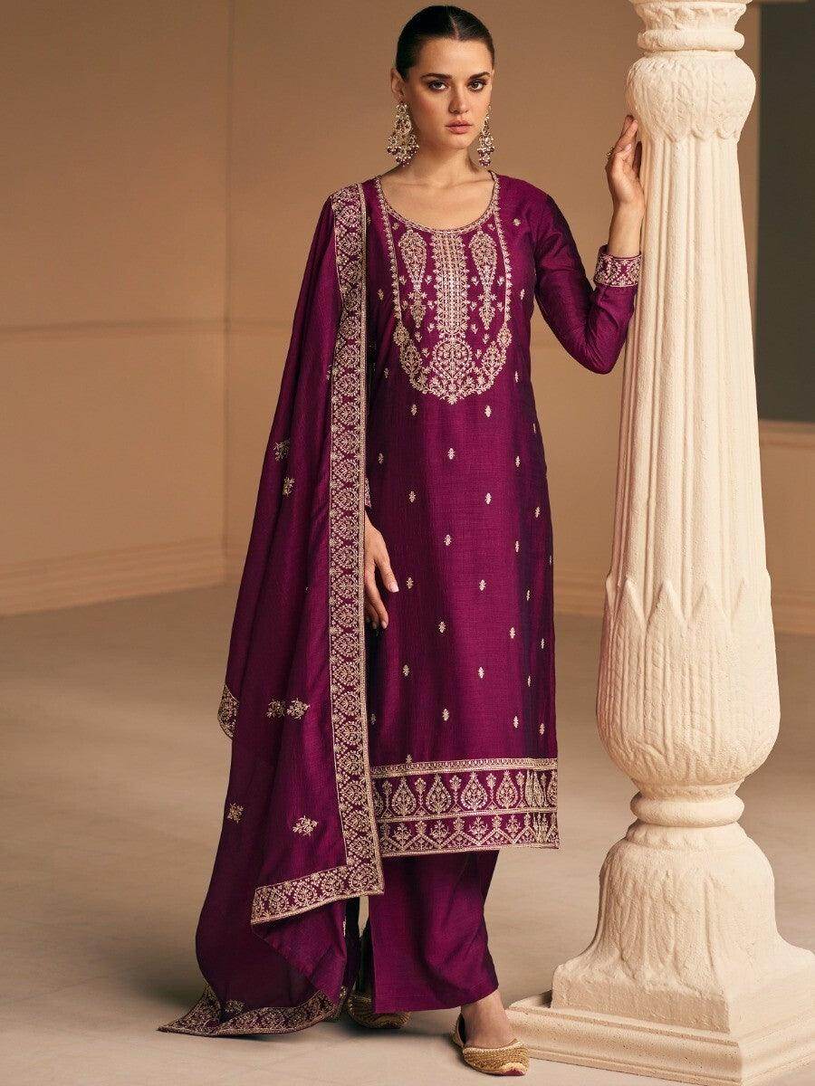 Enchanting Wine Embroidered Silk Festival Wear Suit Pant With Dupatta - Zeel Clothing