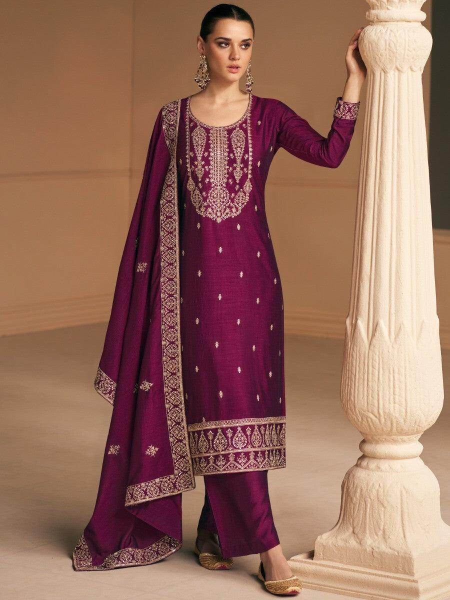 Enchanting Wine Embroidered Silk Festival Wear Suit Pant With Dupatta - Zeel Clothing