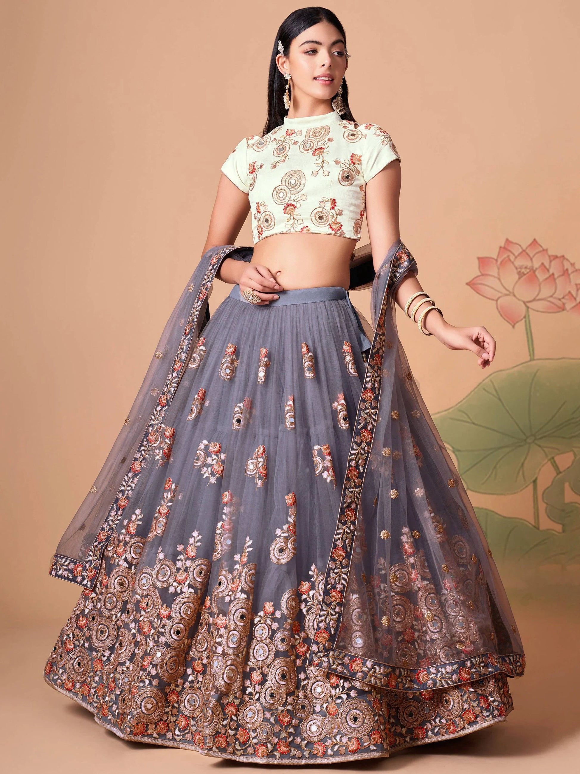 Endearing Grey Mirror Work Net lehenga Choli With Dupatta - Zeel Clothing