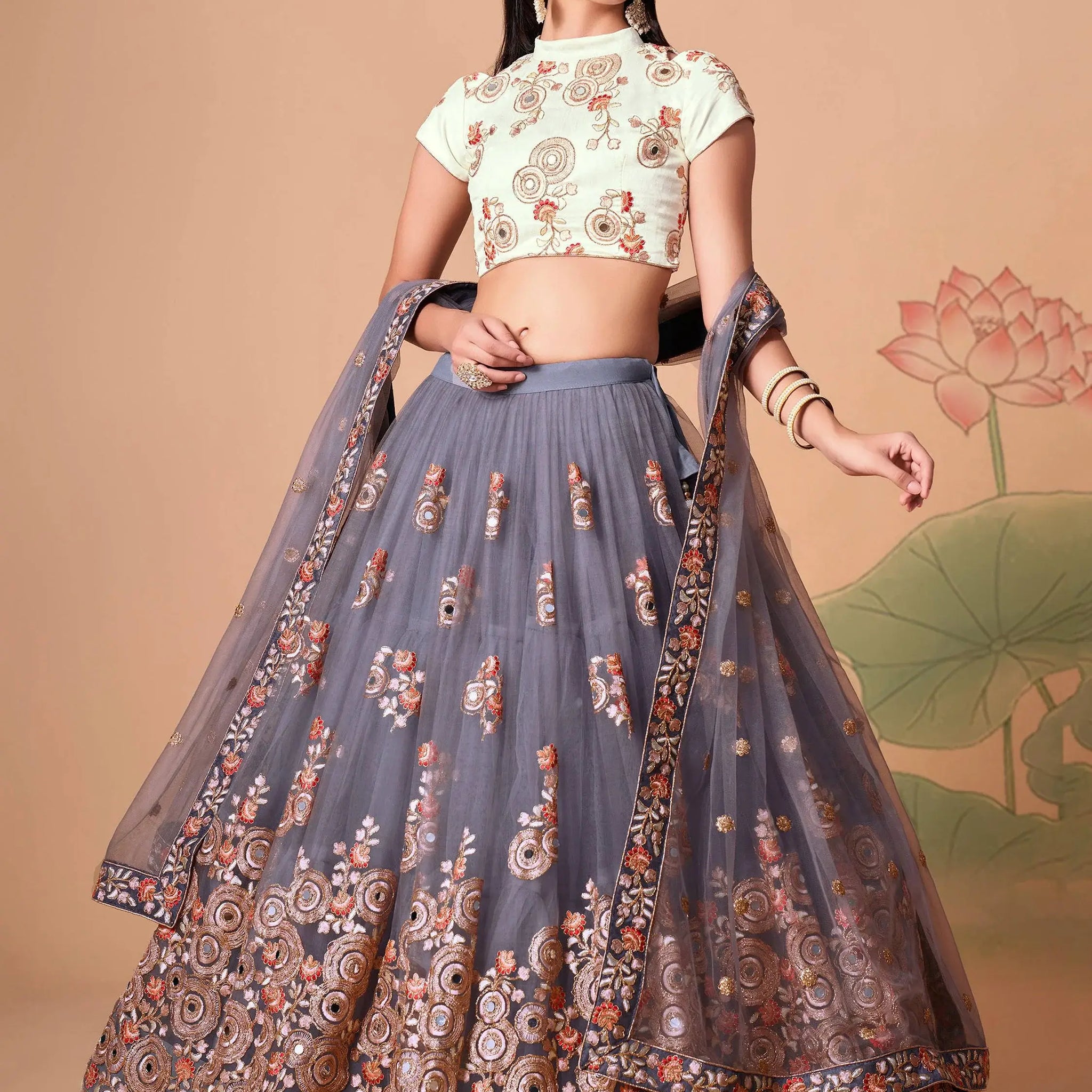 Endearing Grey Mirror Work Net lehenga Choli With Dupatta - Zeel Clothing