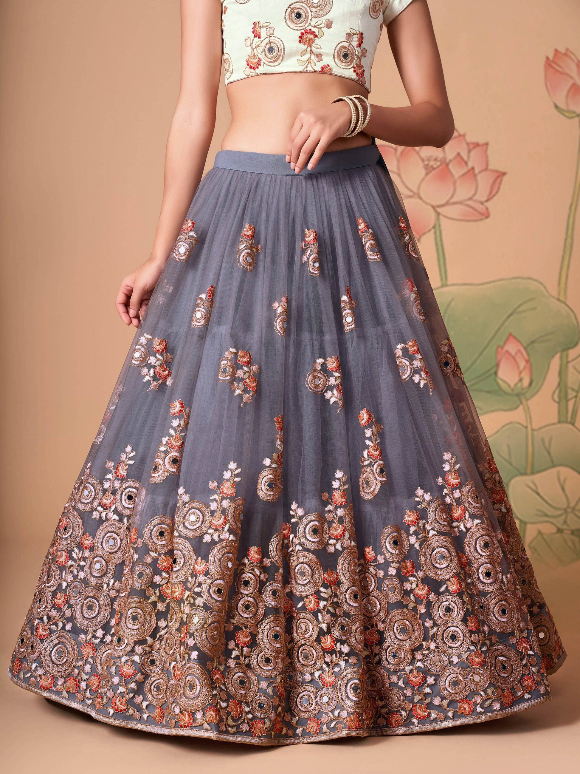 Endearing Grey Mirror Work Net lehenga Choli With Dupatta - Zeel Clothing
