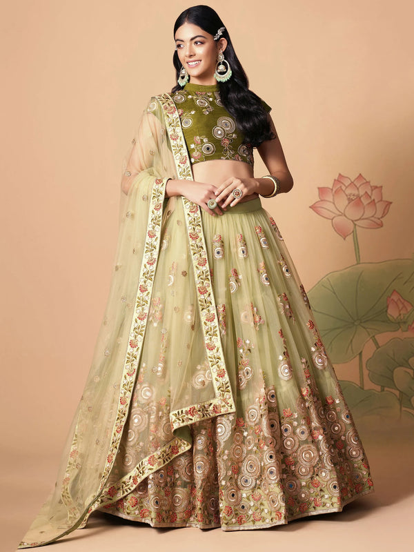 Endearing Pastel Green Mirror Work Net Party Wear Lehenga Choli - Zeel Clothing