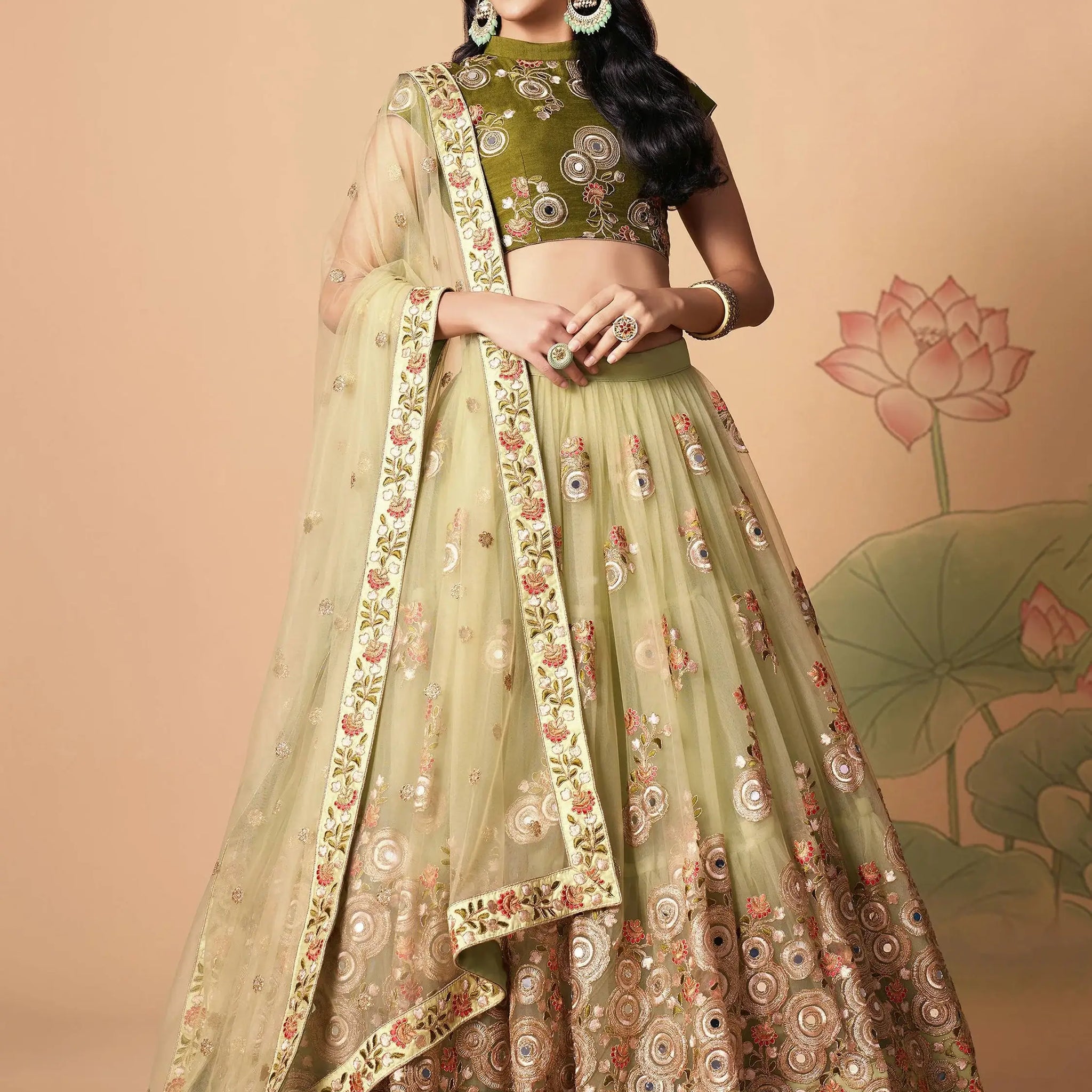 Endearing Pastel Green Mirror Work Net Party Wear Lehenga Choli - Zeel Clothing