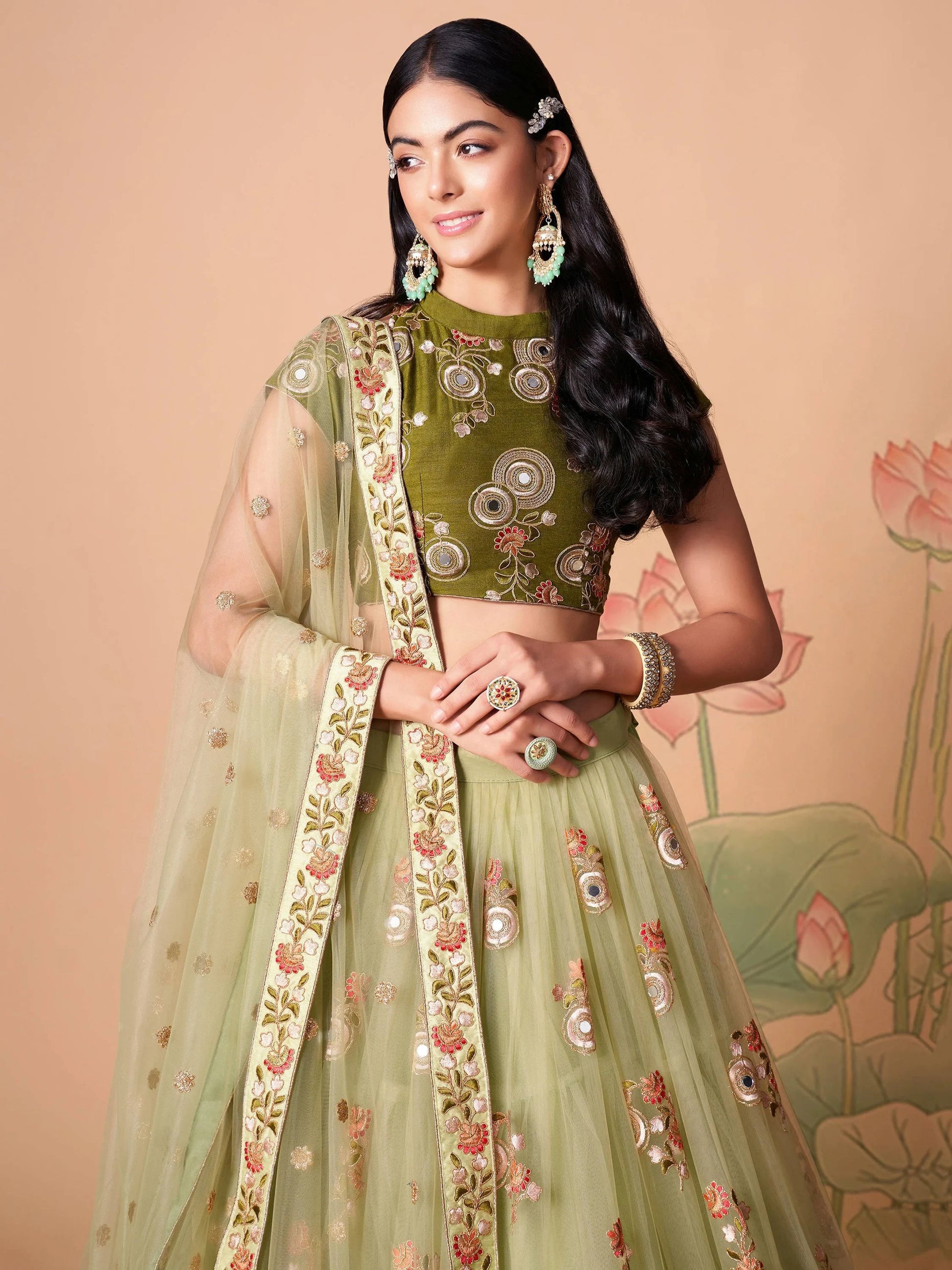 Endearing Pastel Green Mirror Work Net Party Wear Lehenga Choli - Zeel Clothing