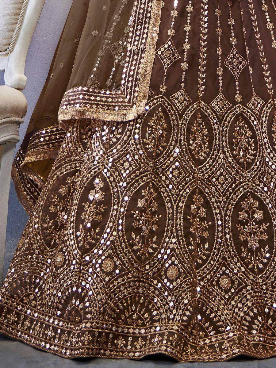 Engaging Brown Sequins Work Net Wedding Lehenga Choli - Zeel Clothing
