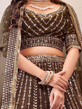 Engaging Brown Sequins Work Net Wedding Lehenga Choli - Zeel Clothing