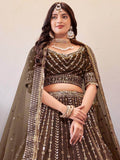 Engaging Brown Sequins Work Net Wedding Lehenga Choli - Zeel Clothing