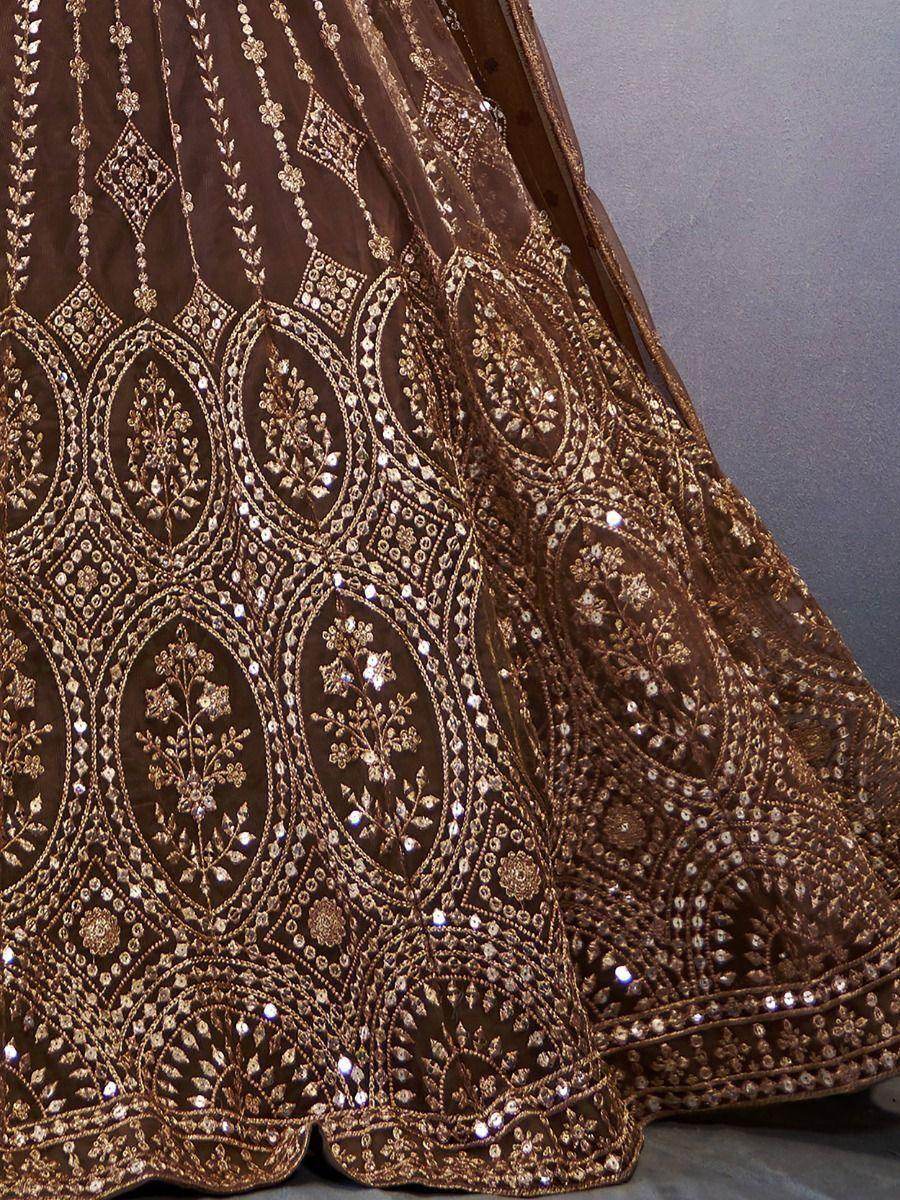 Engaging Brown Sequins Work Net Wedding Lehenga Choli - Zeel Clothing