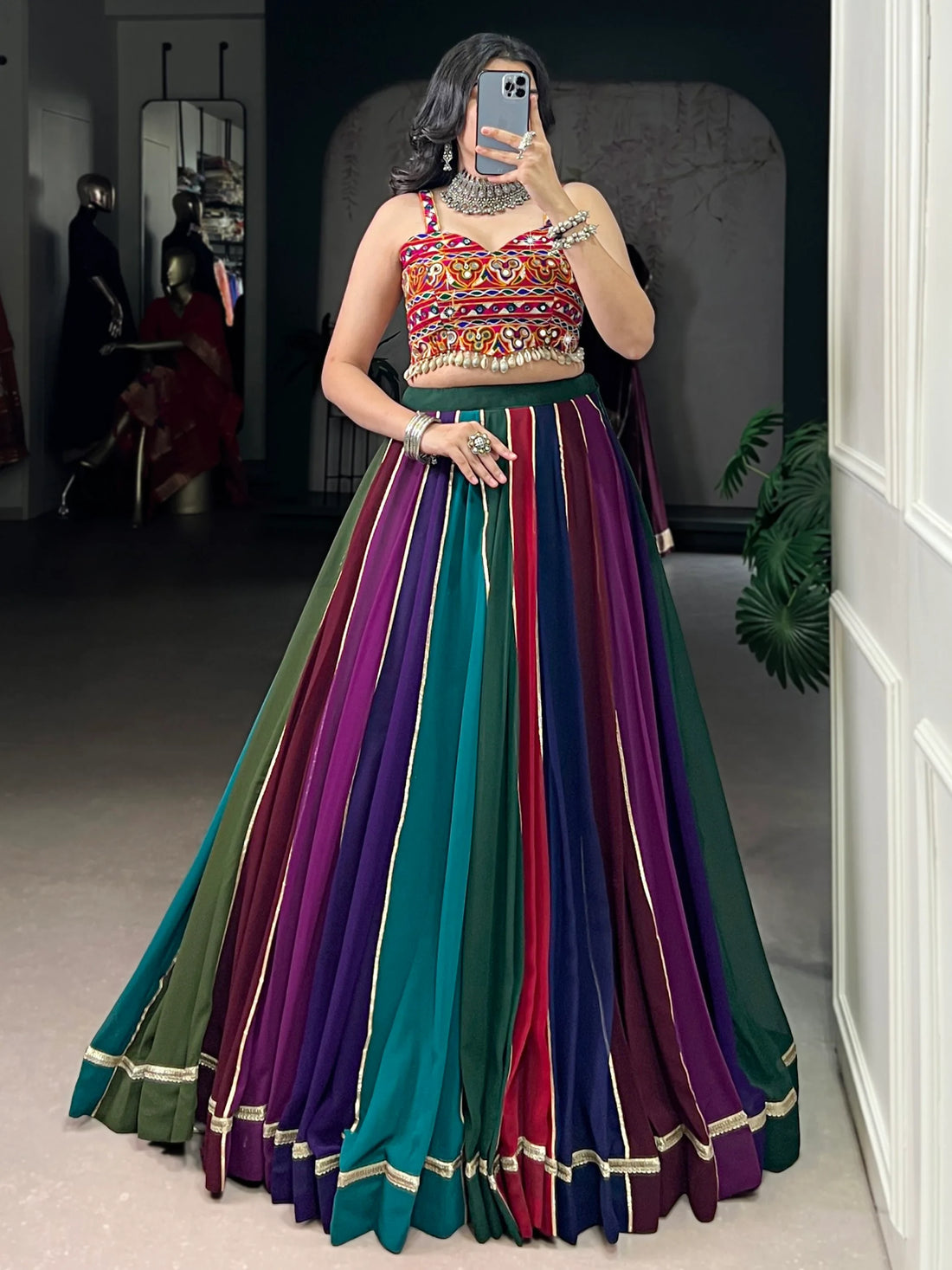 Engaging Multi-Color Lace Work Rayon Navratri Wear Lehenga Choli