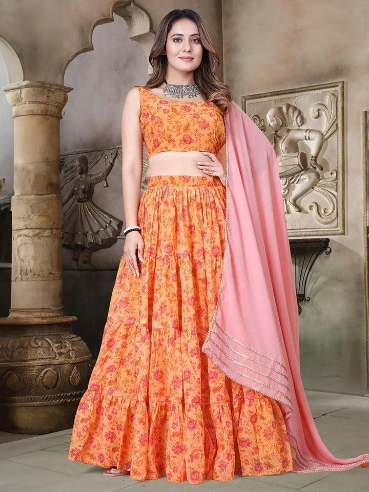 Engaging Orange Floral Printed Organza Event Wear Lehenga Choli