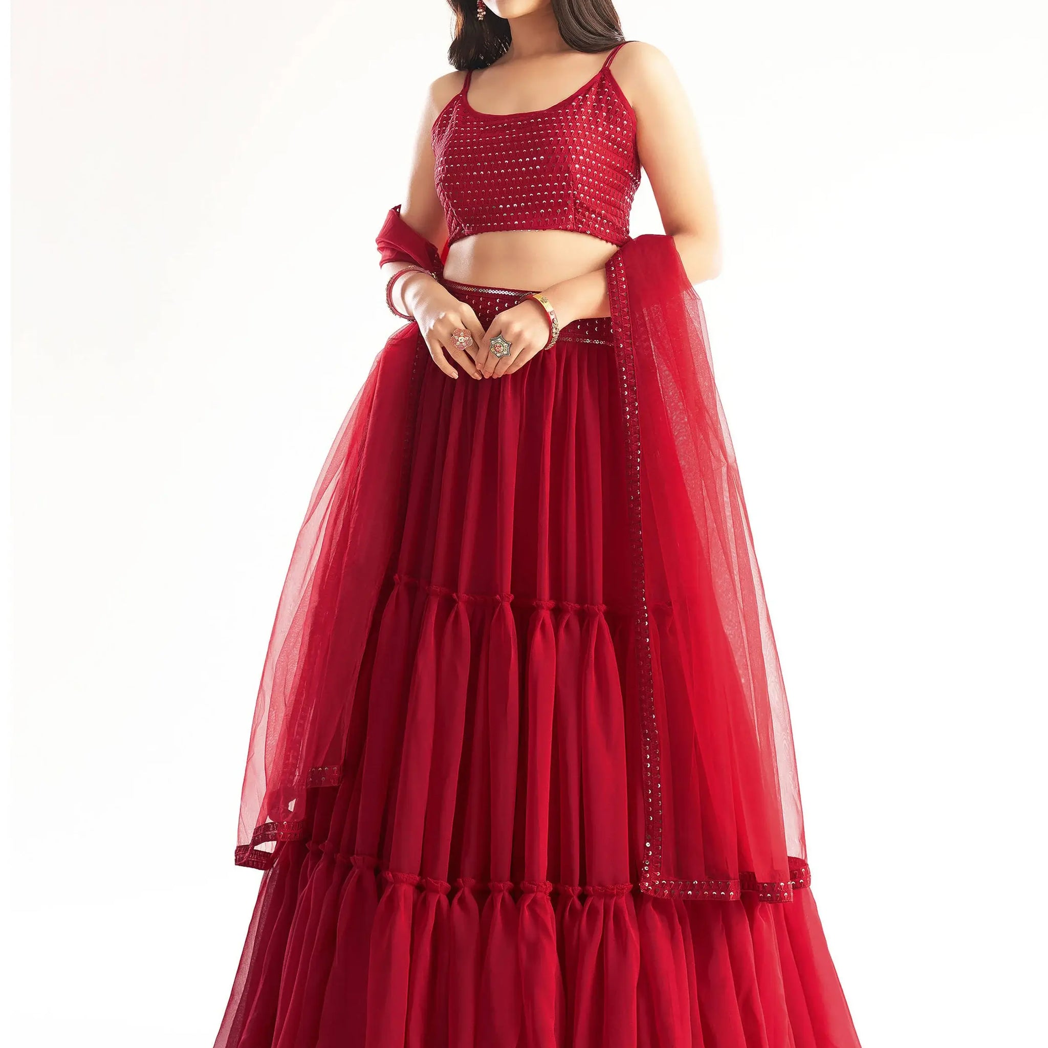 Engaging Red Sequins Georgette Designer Lehenga Choli With Dupatta - Zeel Clothing