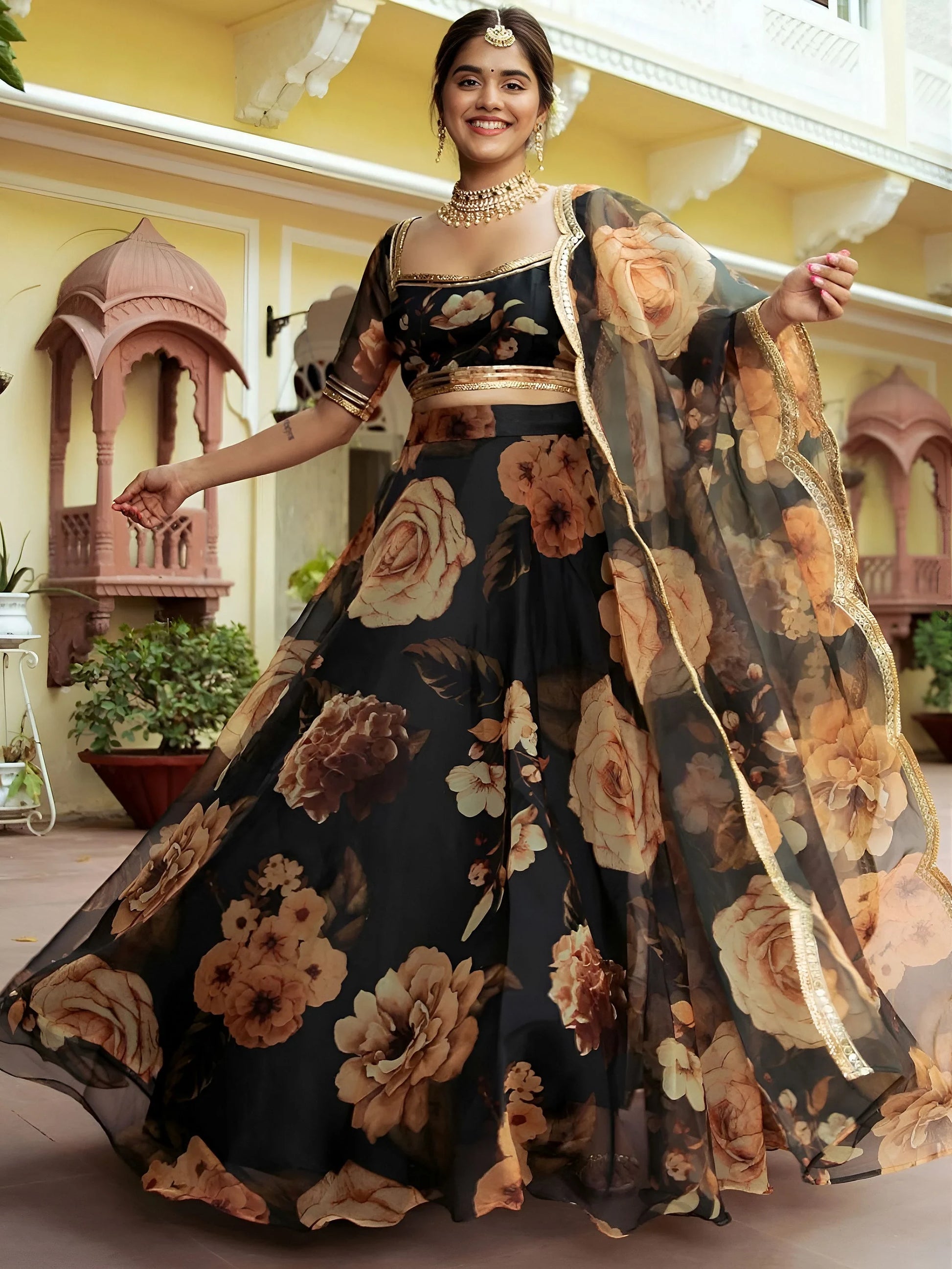 Entertaining Black Printed Semi Stitched Traditional Lehenga Choli