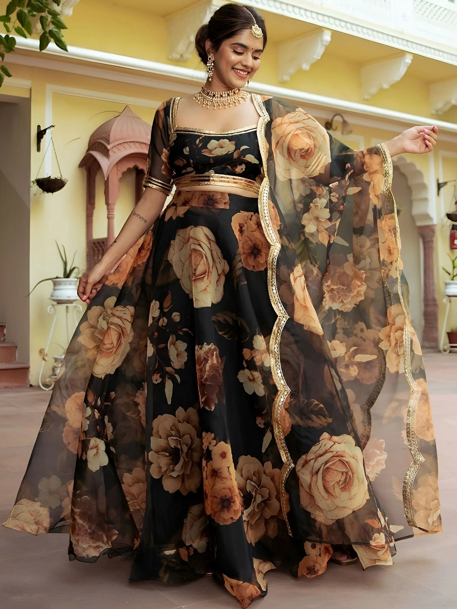 Entertaining Black Printed Semi Stitched Traditional Lehenga Choli