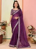 Enthralling Wine Thread Embroidered Organza Saree With Blouse - Zeel Clothing