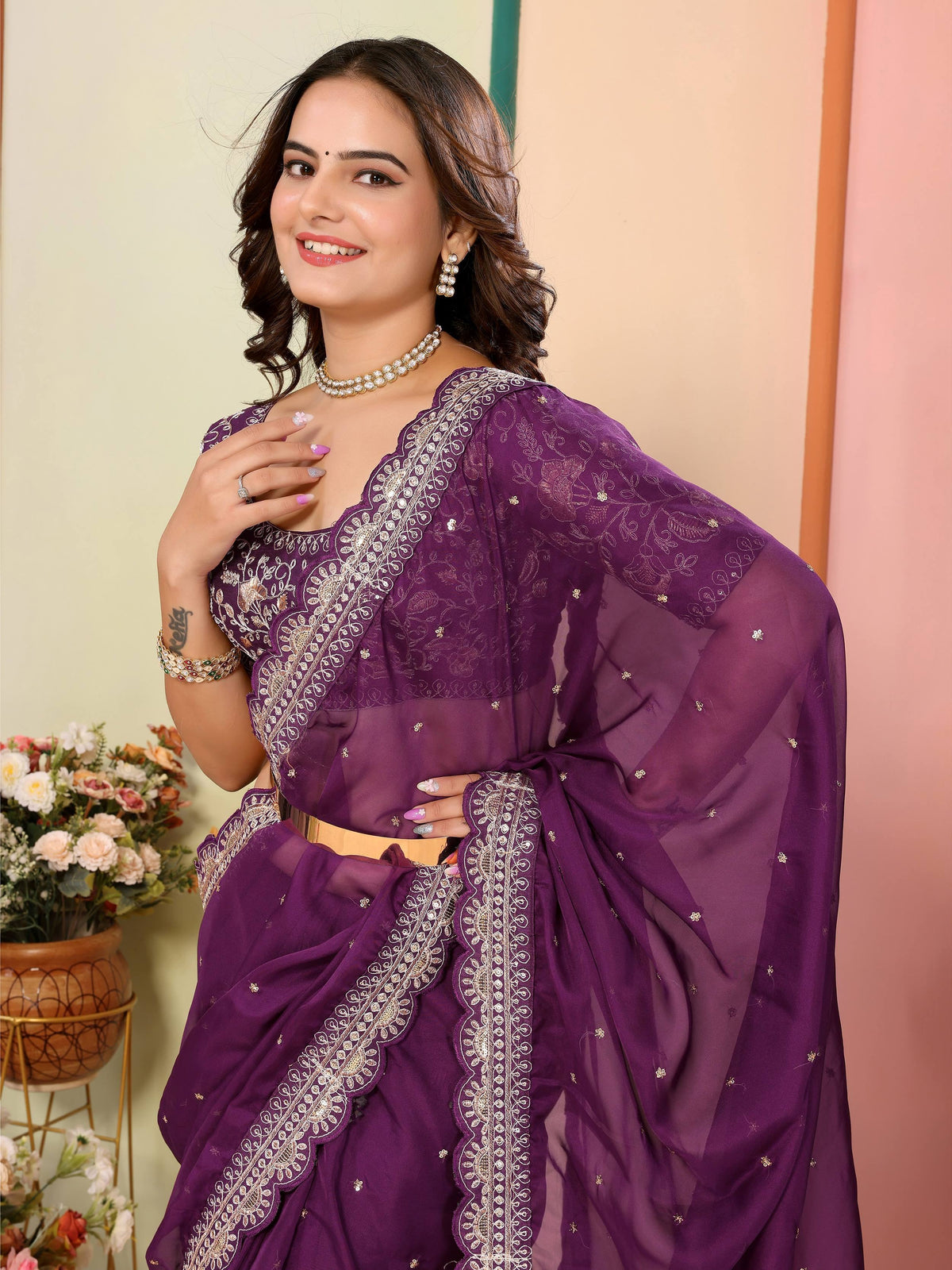 Enthralling Wine Thread Embroidered Organza Saree With Blouse - Zeel Clothing