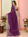 Enthralling Wine Thread Embroidered Organza Saree With Blouse - Zeel Clothing