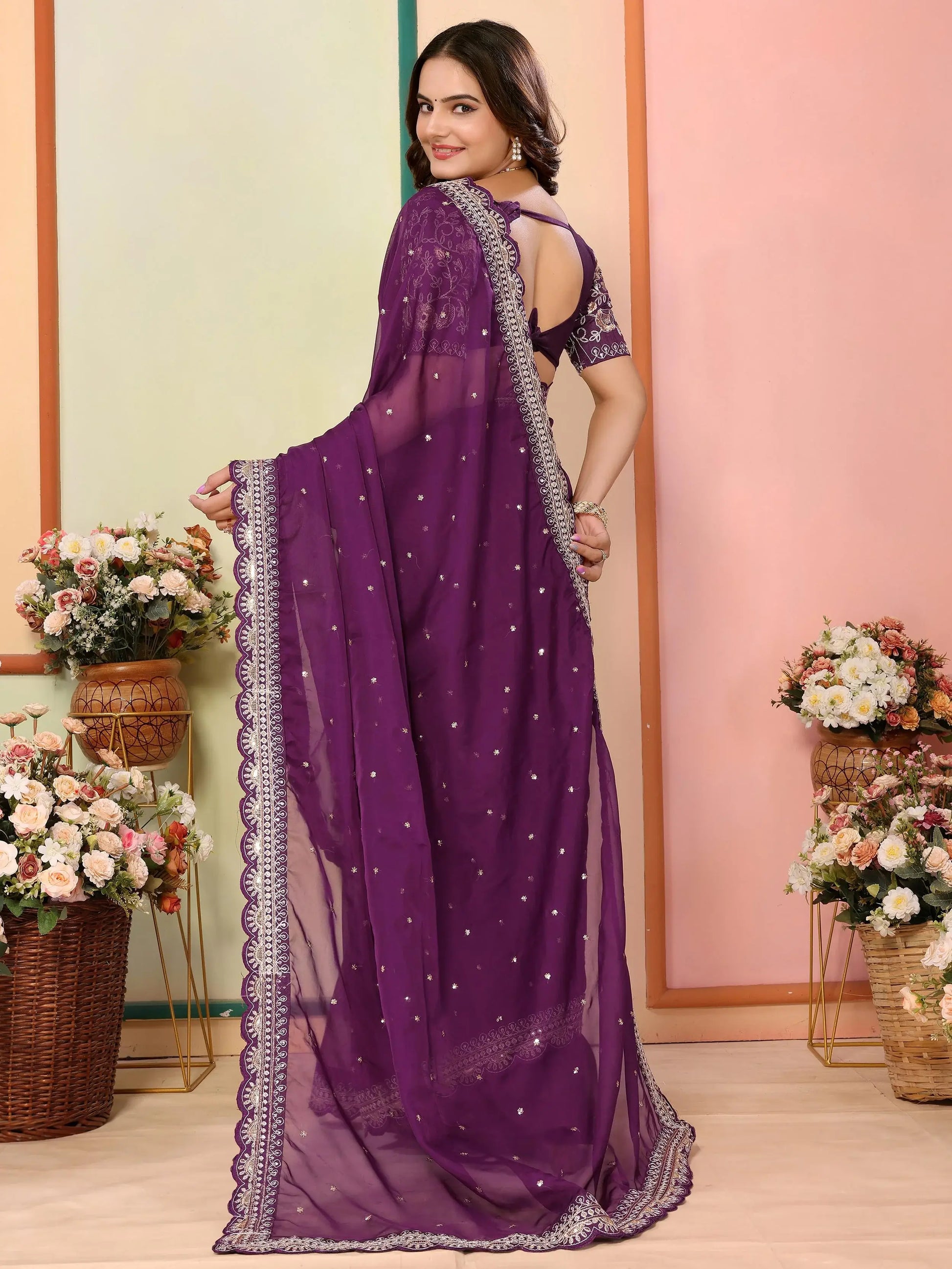 Enthralling Wine Thread Embroidered Organza Saree With Blouse - Zeel Clothing