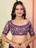 Enthralling Wine Thread Embroidered Organza Saree With Blouse - Zeel Clothing