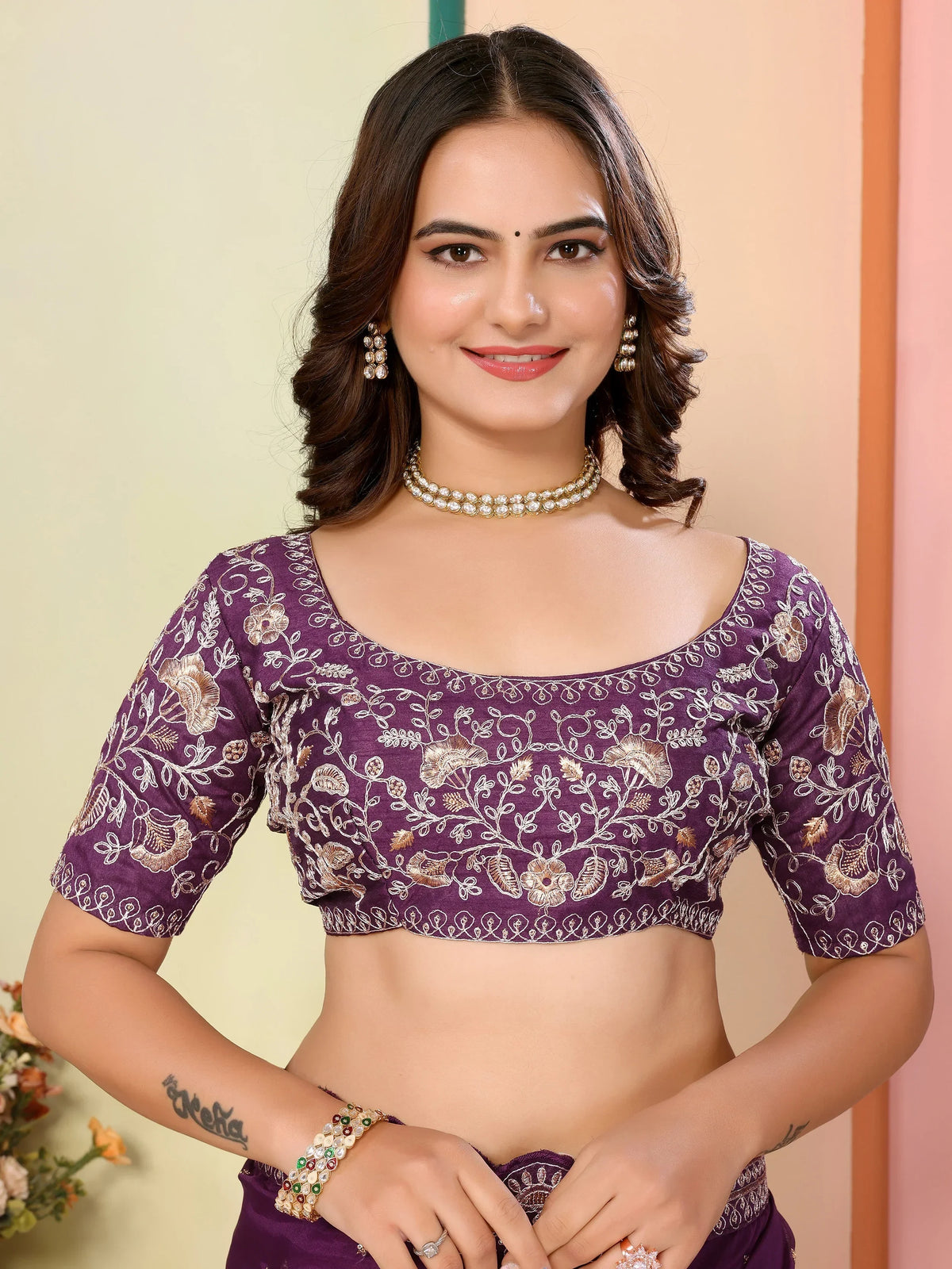 Enthralling Wine Thread Embroidered Organza Saree With Blouse - Zeel Clothing