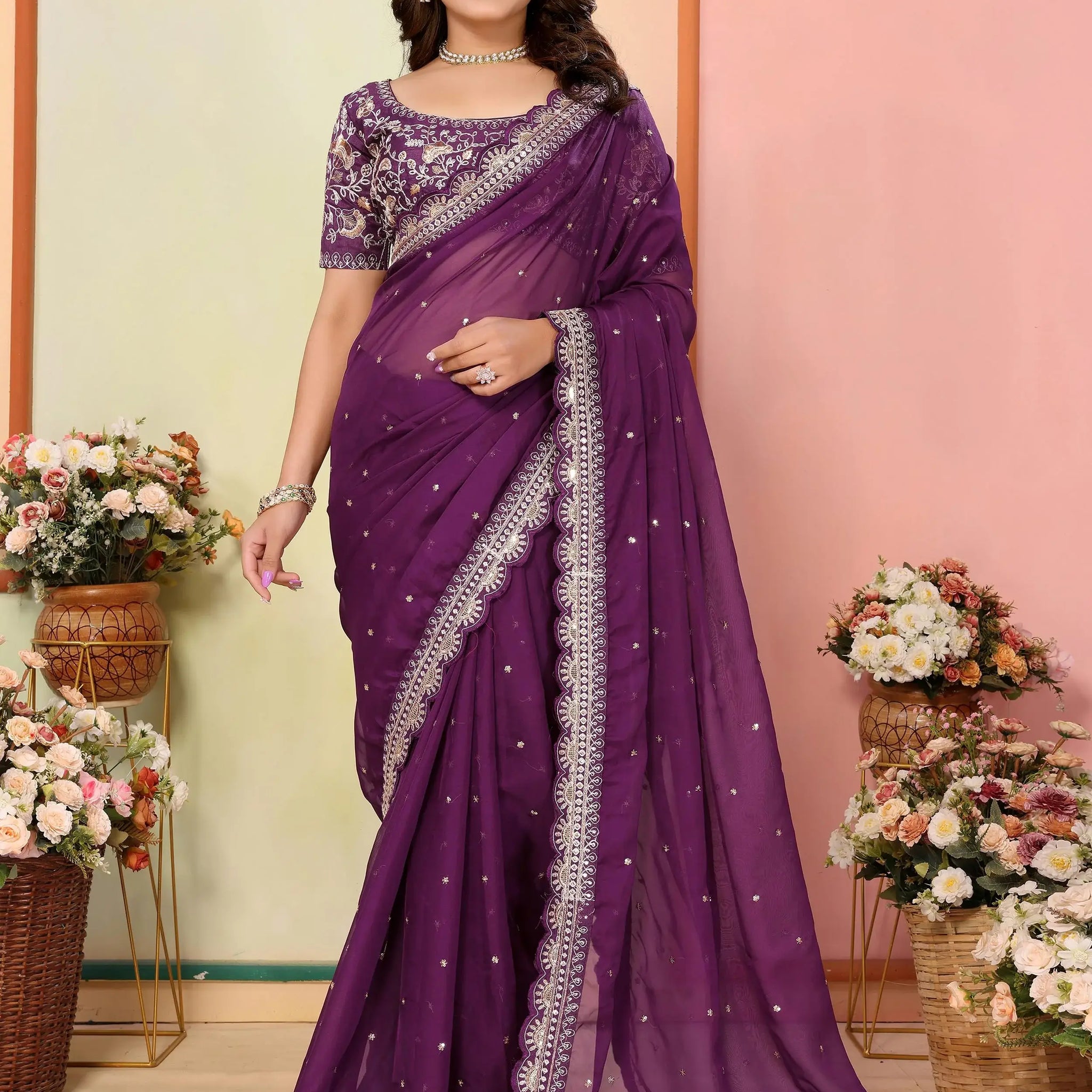 Enthralling Wine Thread Embroidered Organza Saree With Blouse - Zeel Clothing