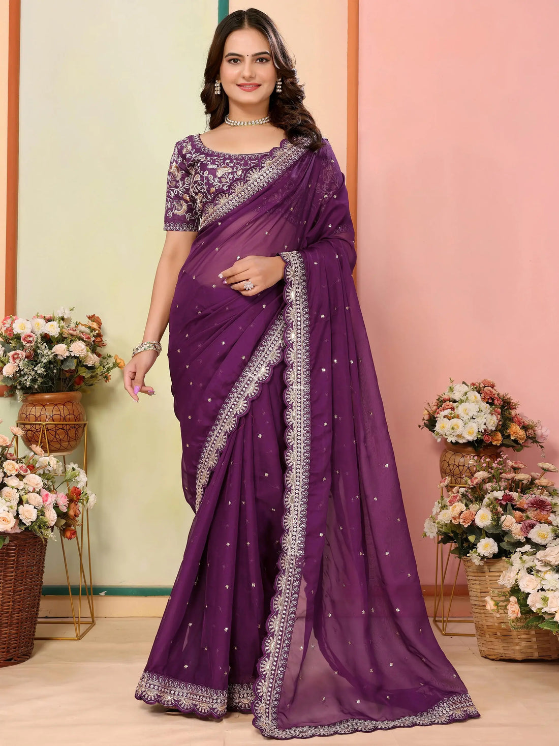 Enthralling Wine Thread Embroidered Organza Saree With Blouse - Zeel Clothing