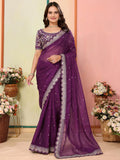 Enthralling Wine Thread Embroidered Organza Saree With Blouse - Zeel Clothing
