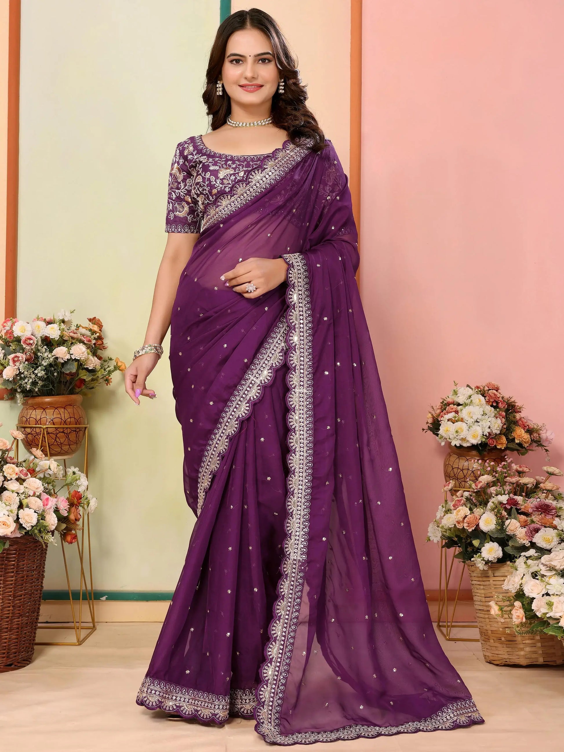 Enthralling Wine Thread Embroidered Organza Saree With Blouse - Zeel Clothing