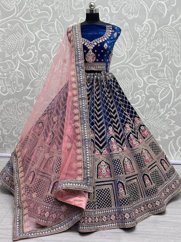 Enticing Blue Dori Work Velvet Bridal Lehenga Choli With Dupatta - Zeel Clothing