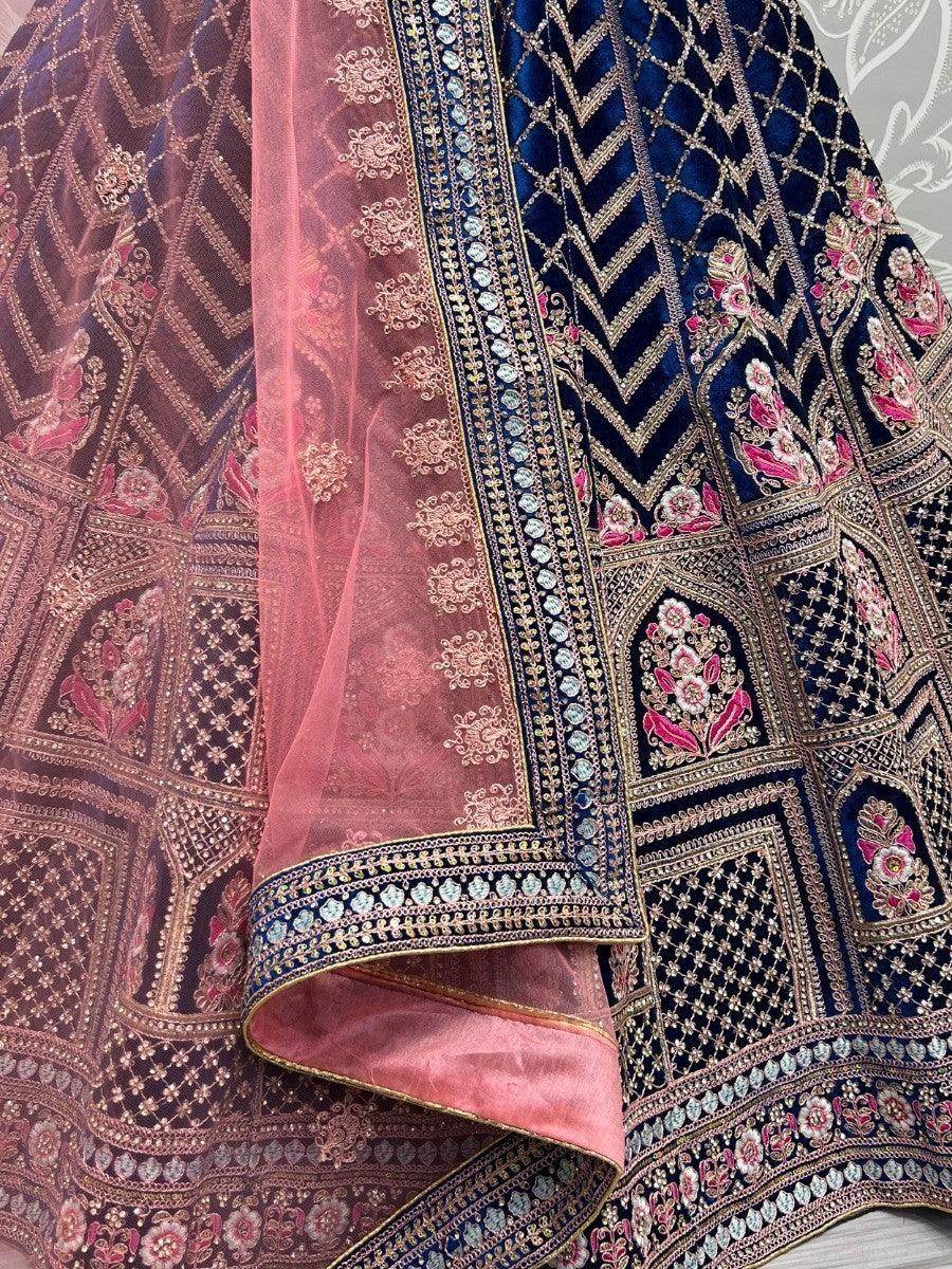 Enticing Blue Dori Work Velvet Bridal Lehenga Choli With Dupatta - Zeel Clothing