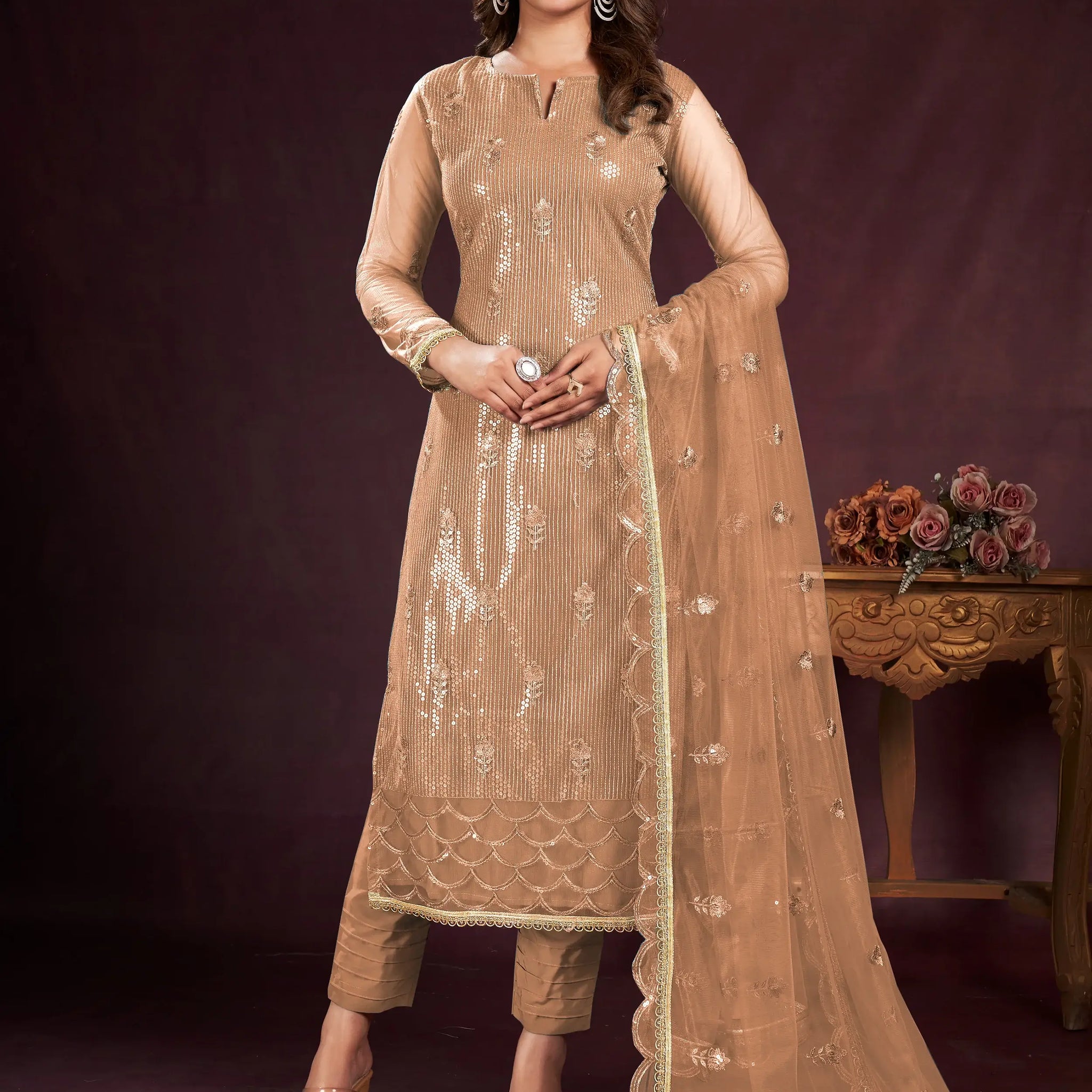 Enticing Brown Sequins Net Festive Wear Salwar kameez With Dupatta - Zeel Clothing