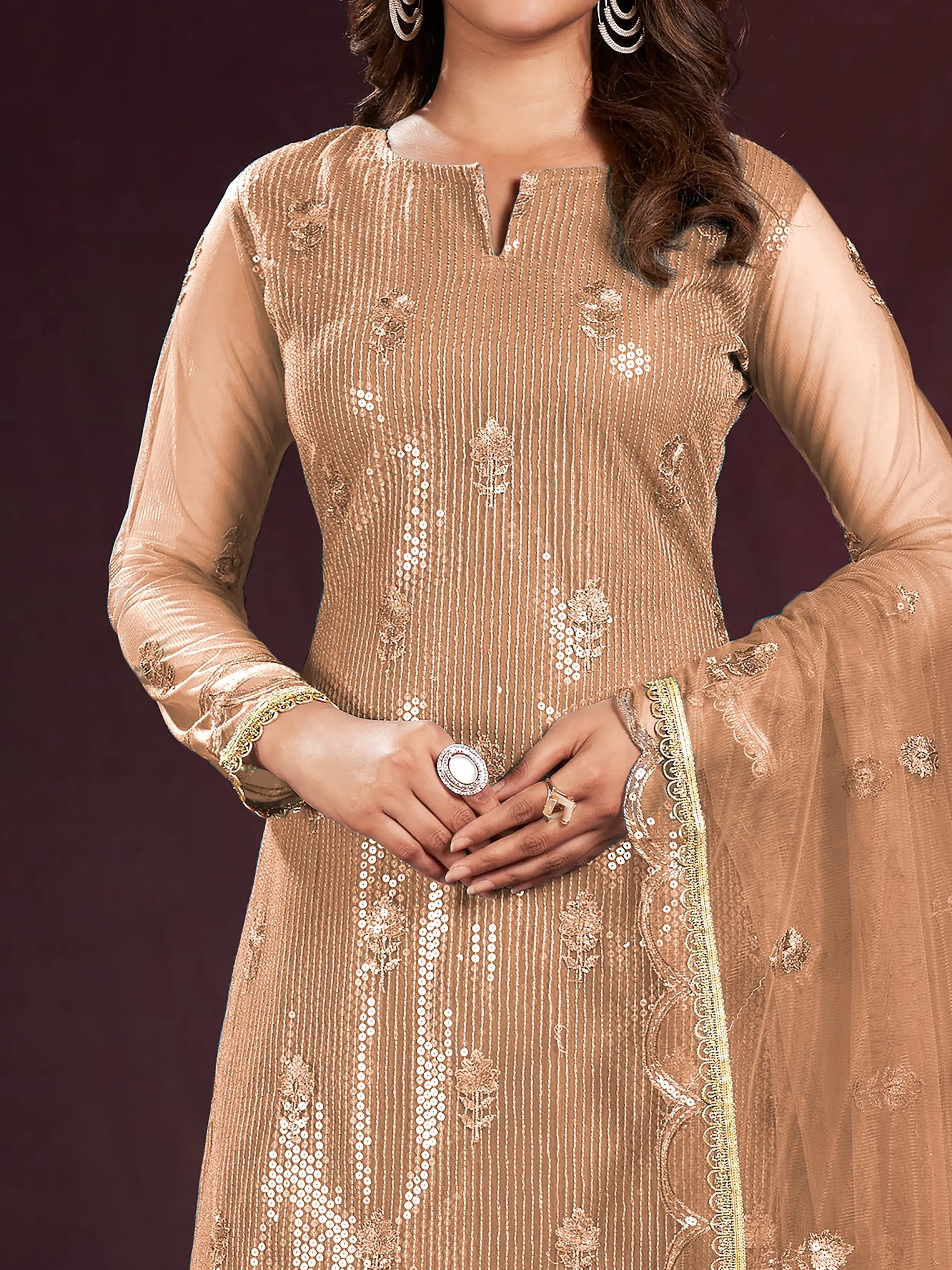 Enticing Brown Sequins Net Festive Wear Salwar kameez With Dupatta - Zeel Clothing
