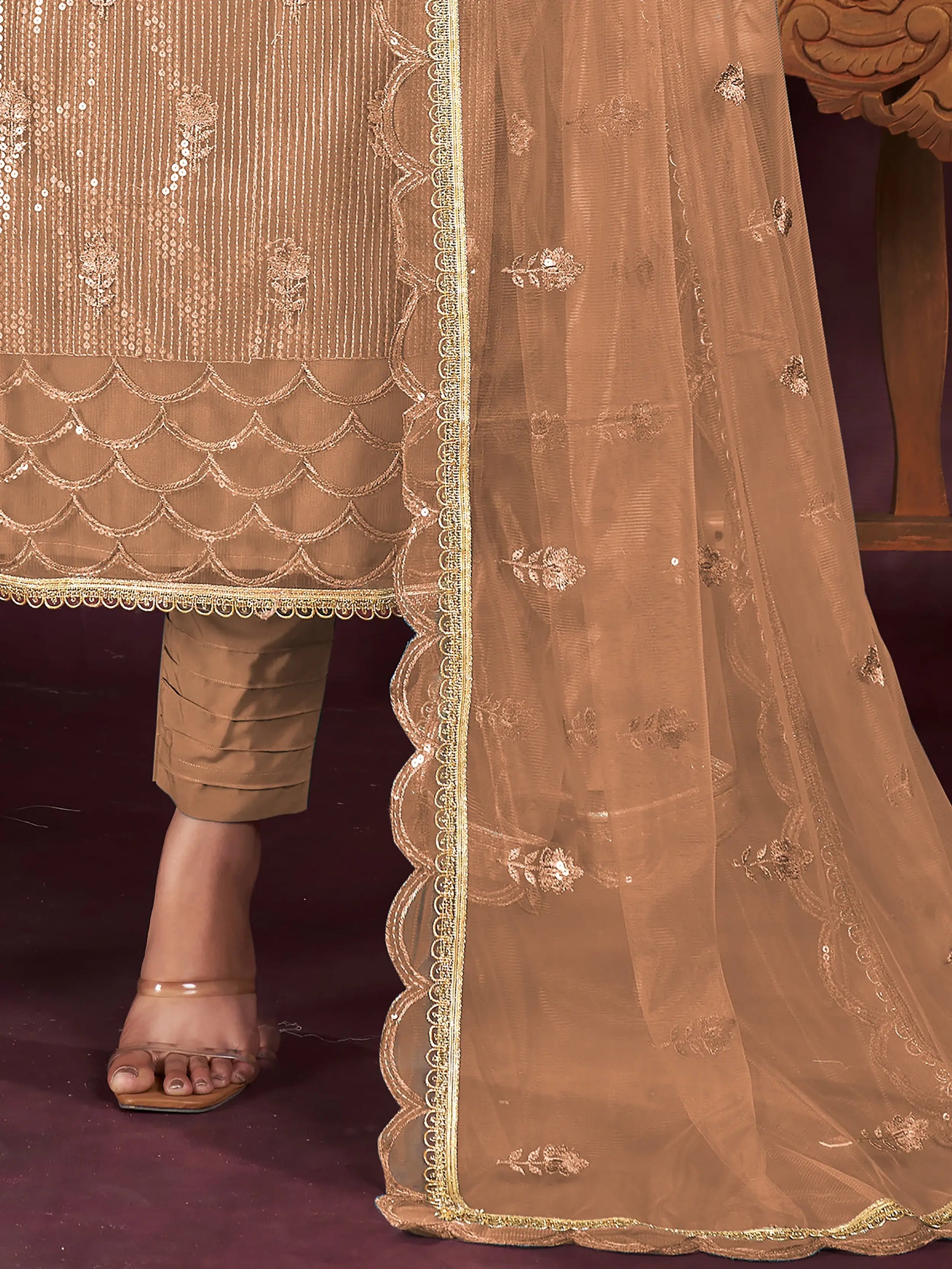 Enticing Brown Sequins Net Festive Wear Salwar kameez With Dupatta - Zeel Clothing
