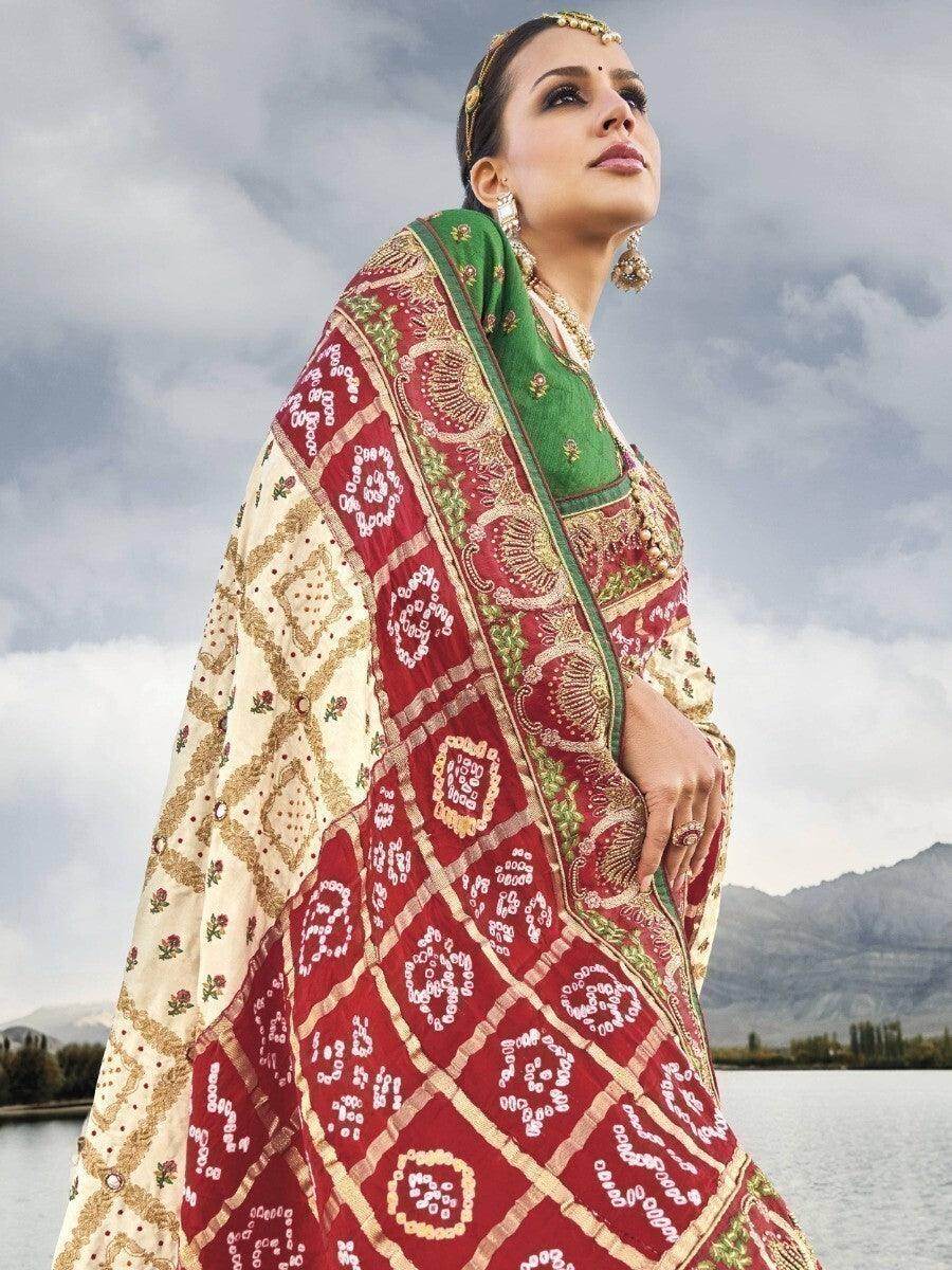 Enticing Cream Bandhani Printed Satin Festive Wear Saree With Blouse - Zeel Clothing